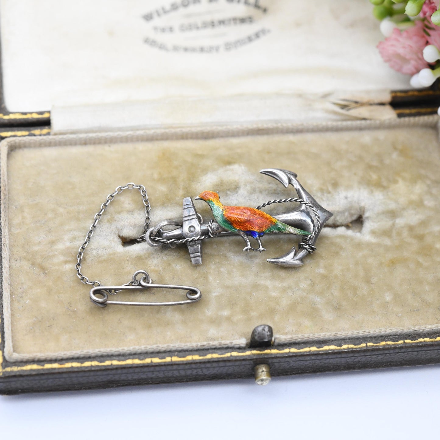Antique Enamel Pheasant and Anchor Brooch Sterling Silver - Colourful Painted Bird with Hope's Anchor | Victorian Edwardian Era c. 1900