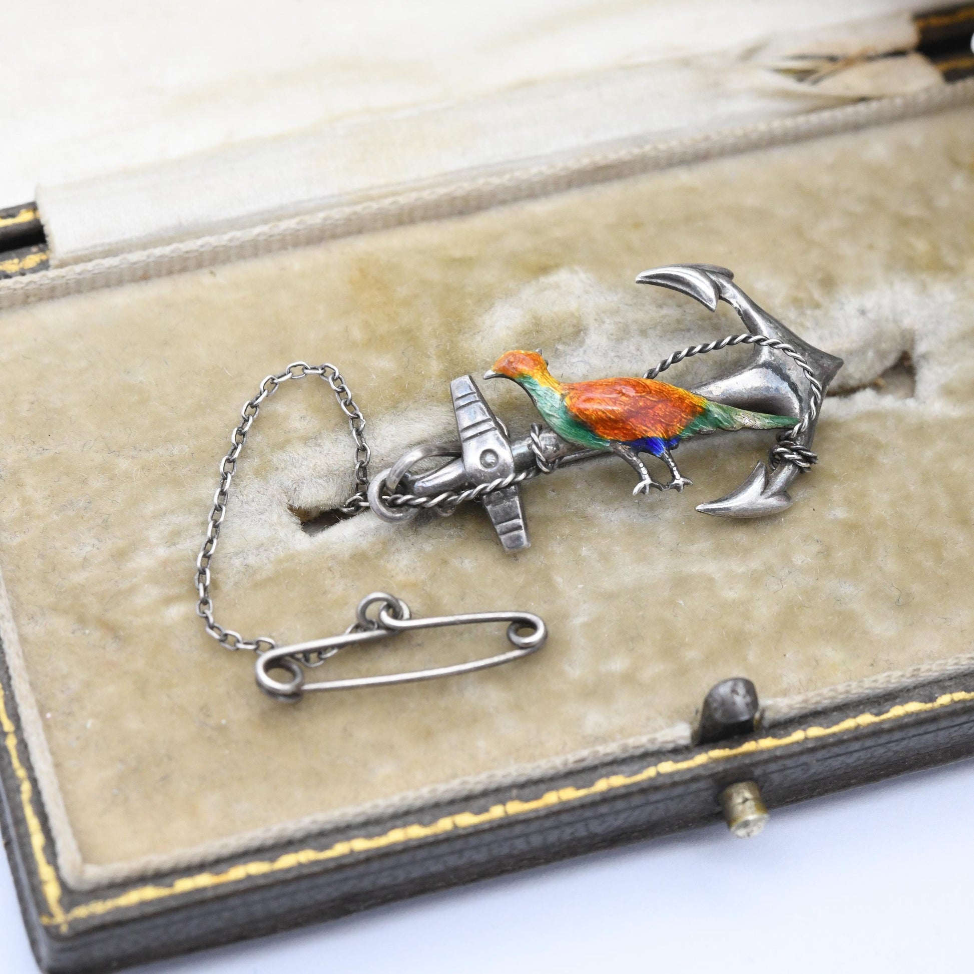 Antique Enamel Pheasant and Anchor Brooch Sterling Silver - Colourful Painted Bird with Hope's Anchor | Victorian Edwardian Era c. 1900
