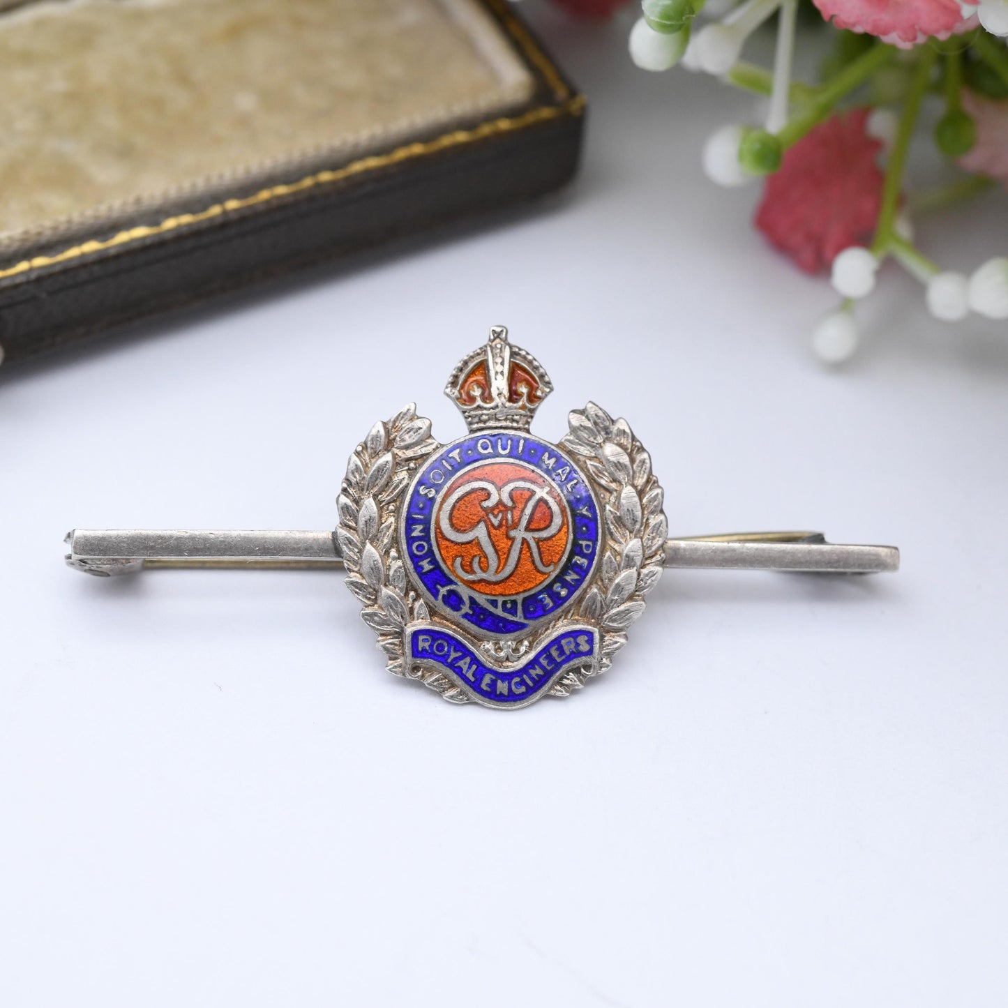 Vintage Royal Engineers Sweetheart Brooch Sterling Silver and Enamel WWII Era - King George VI c. 1930s Military Jewellery