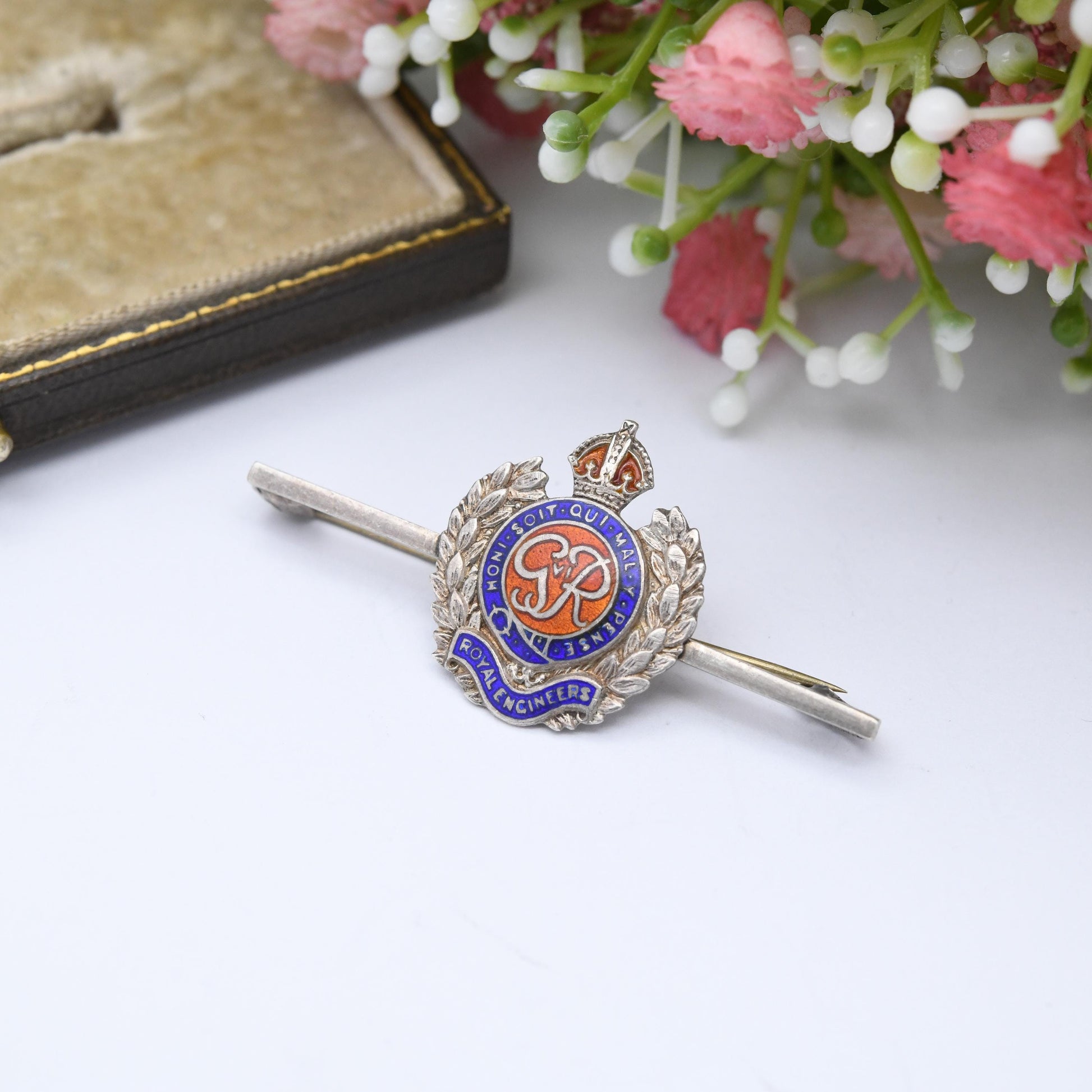 Vintage Royal Engineers Sweetheart Brooch Sterling Silver and Enamel WWII Era - King George VI c. 1930s Military Jewellery