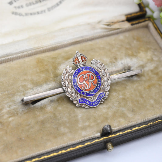 Vintage Royal Engineers Sweetheart Brooch Sterling Silver and Enamel WWII Era - King George VI c. 1930s Military Jewellery