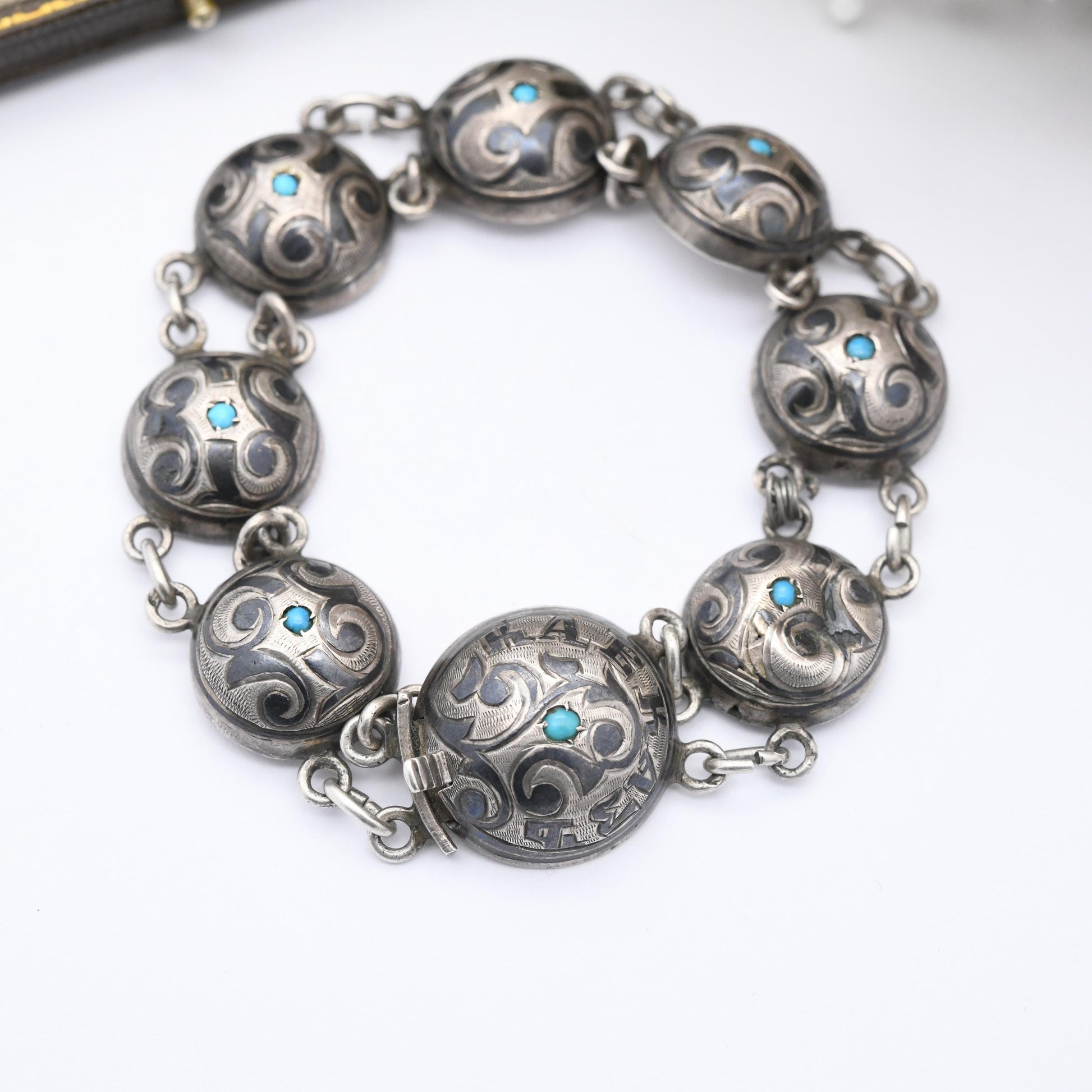 Antique Silver Niello Turquoise Bracelet Caucus Region Souvenir - Domed Panels | Box Slide Clasp | Eastern European Cyrillic Letters CT