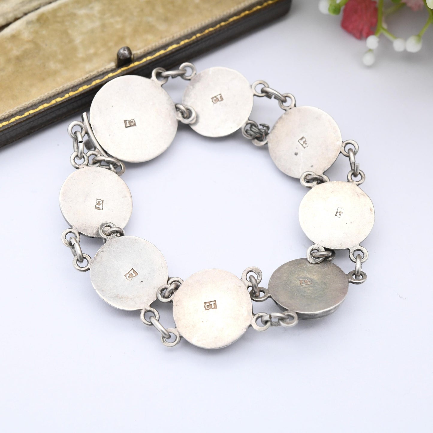 Antique Silver Niello Turquoise Bracelet Caucus Region Souvenir - Domed Panels | Box Slide Clasp | Eastern European Cyrillic Letters CT