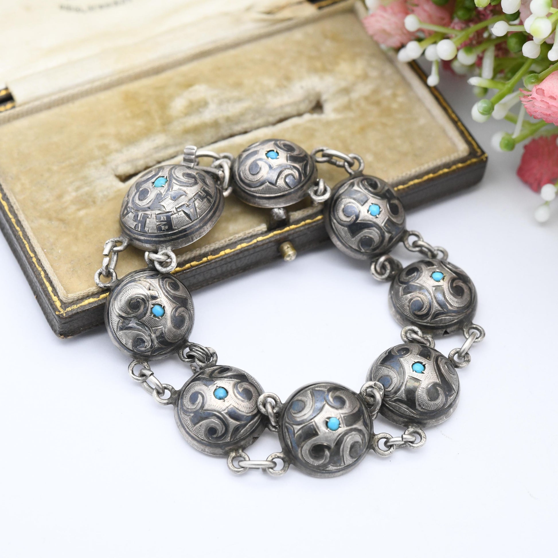 Antique Silver Niello Turquoise Bracelet Caucus Region Souvenir - Domed Panels | Box Slide Clasp | Eastern European Cyrillic Letters CT