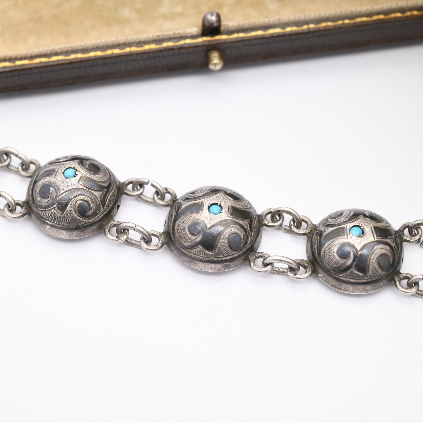 Antique Silver Niello Turquoise Bracelet Caucus Region Souvenir - Domed Panels | Box Slide Clasp | Eastern European Cyrillic Letters CT