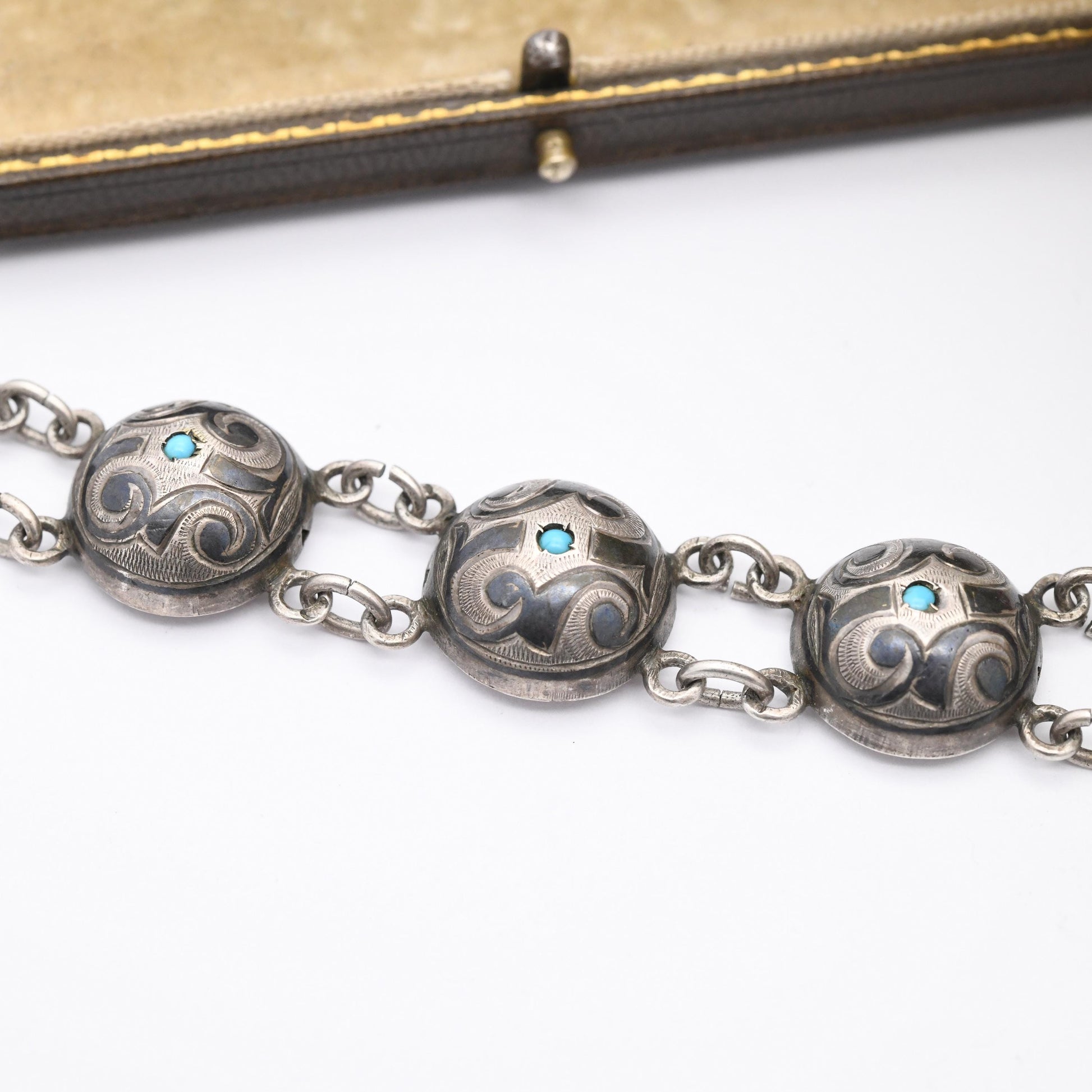 Antique Silver Niello Turquoise Bracelet Caucus Region Souvenir - Domed Panels | Box Slide Clasp | Eastern European Cyrillic Letters CT