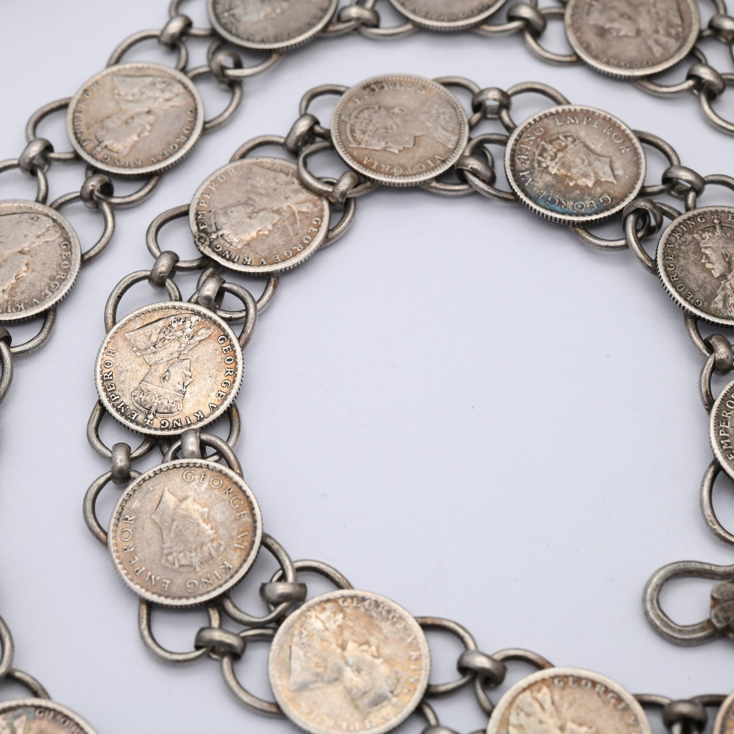Vintage Silver 1/4 Rupee Coin Belt 85cm 33.5" - 1800s Queen Victoria to 1940s King George VI