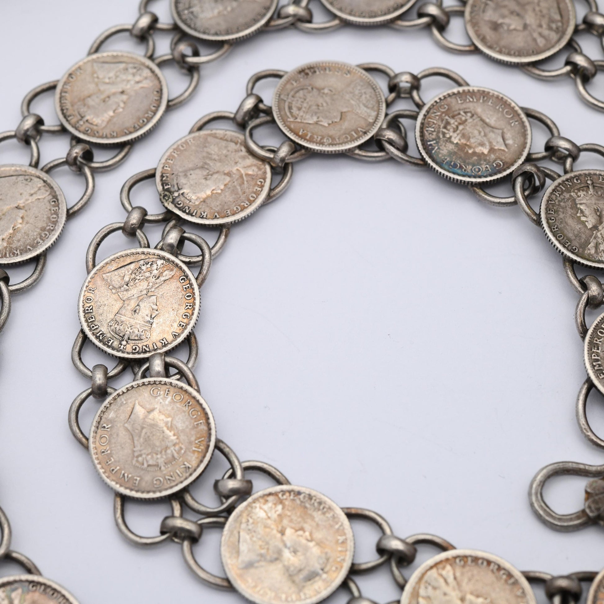 Vintage Silver 1/4 Rupee Coin Belt 85cm 33.5" - 1800s Queen Victoria to 1940s King George VI
