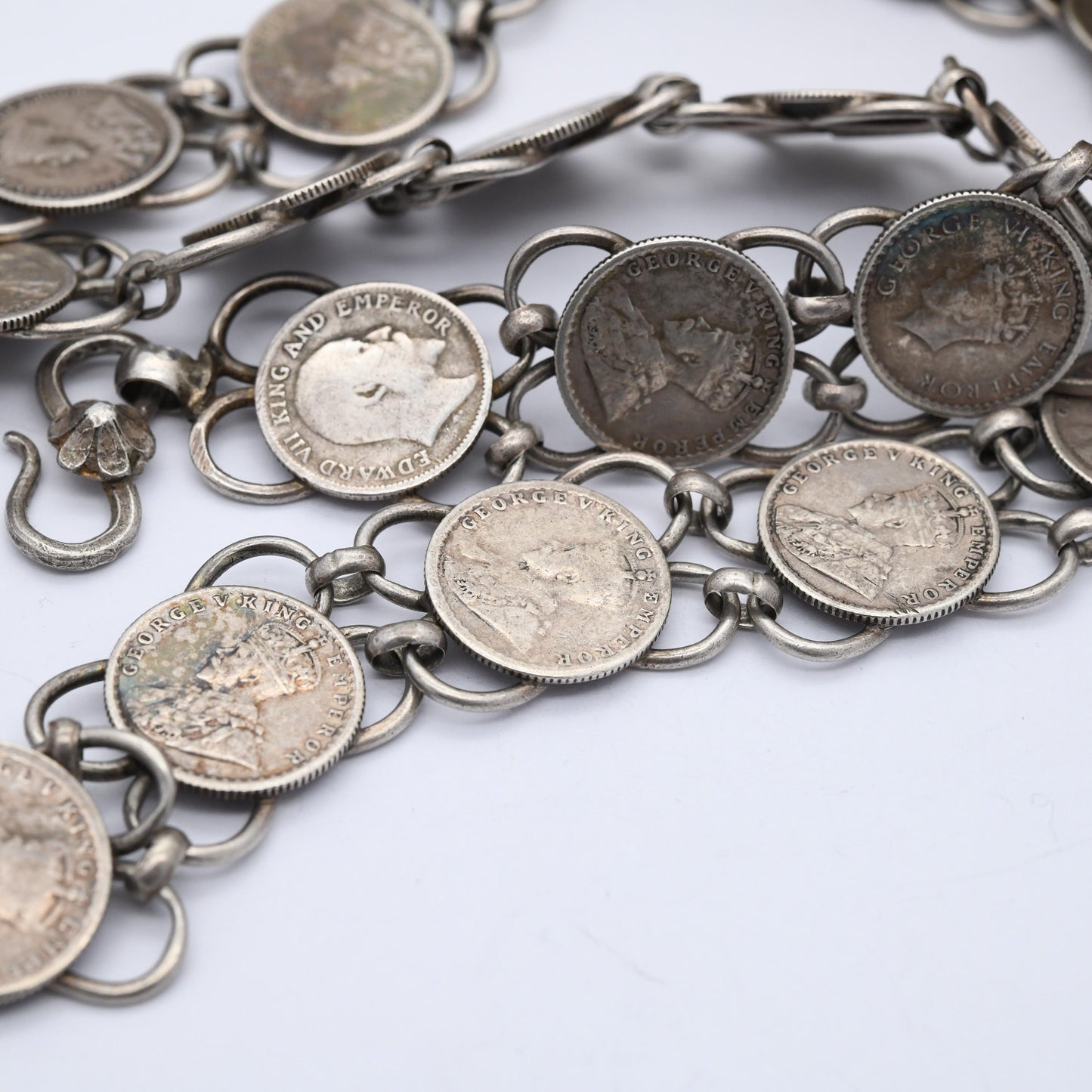 Vintage Silver 1/4 Rupee Coin Belt 85cm 33.5" - 1800s Queen Victoria to 1940s King George VI