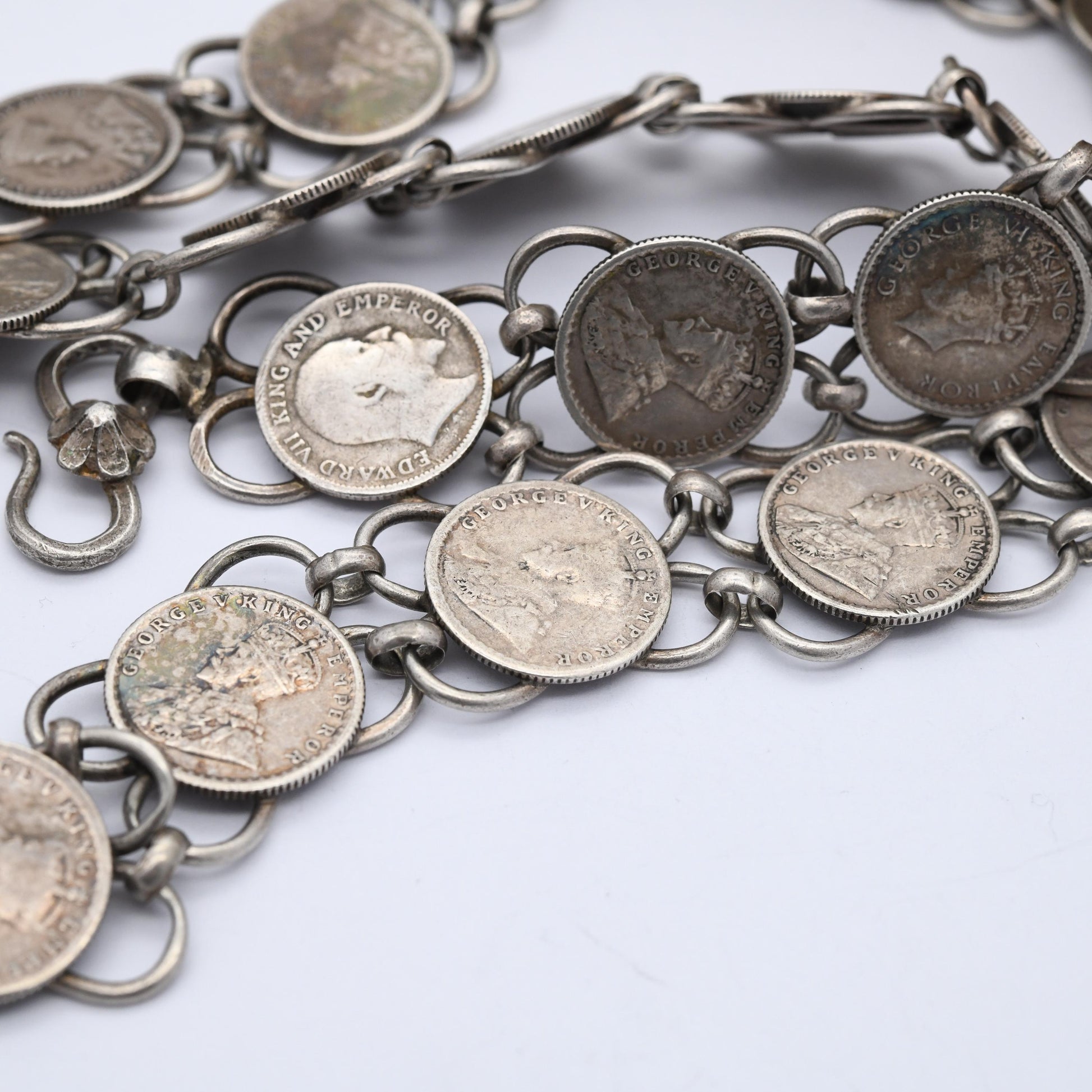 Vintage Silver 1/4 Rupee Coin Belt 85cm 33.5" - 1800s Queen Victoria to 1940s King George VI
