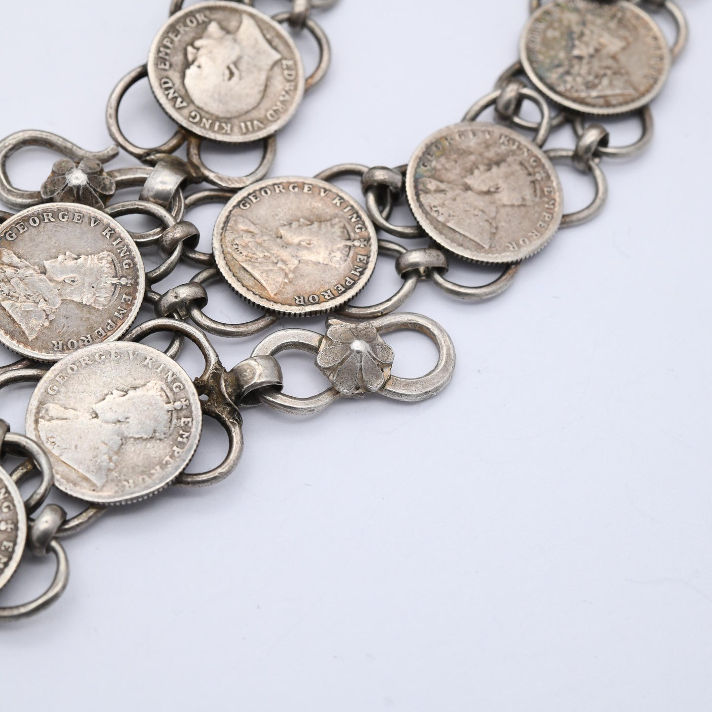 Vintage Silver 1/4 Rupee Coin Belt 85cm 33.5" - 1800s Queen Victoria to 1940s King George VI
