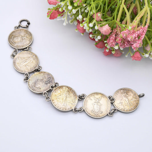 Vintage Silver Philippines 50 Centavos Coin Bracelet 1944 1945 - 750 Silver Coin Jewellery | 9"