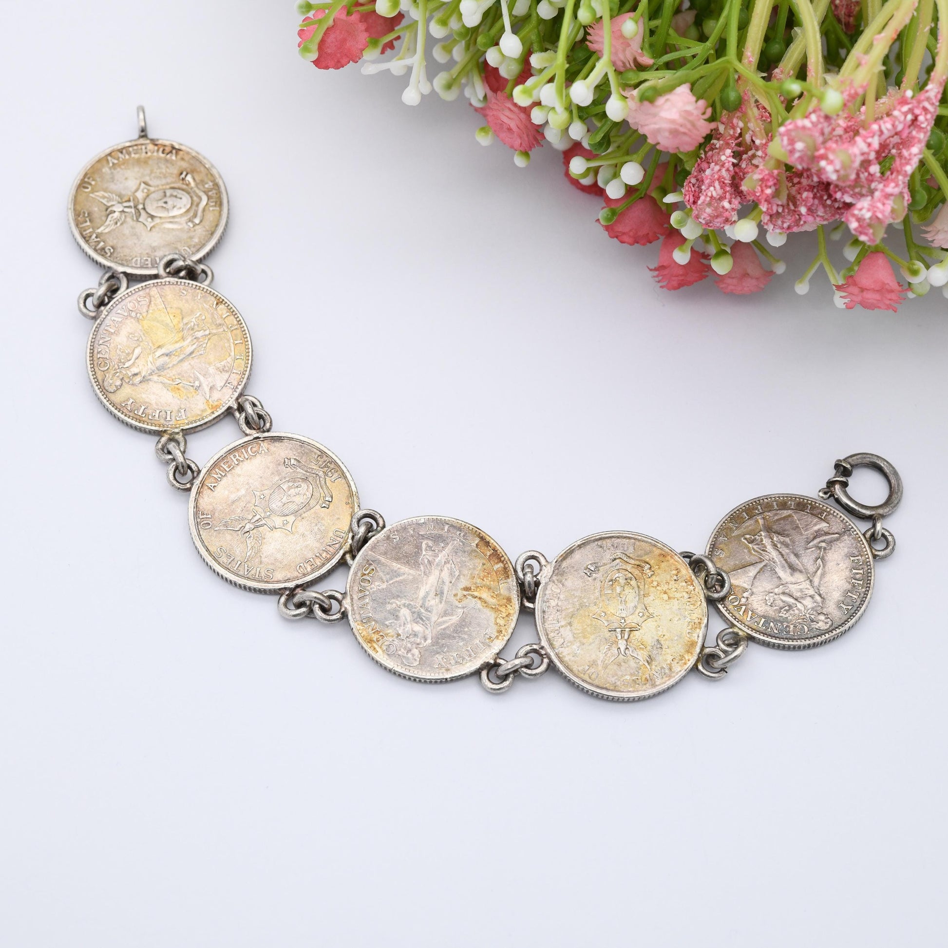 Vintage Silver Philippines 50 Centavos Coin Bracelet 1944 1945 - 750 Silver Coin Jewellery | 9"