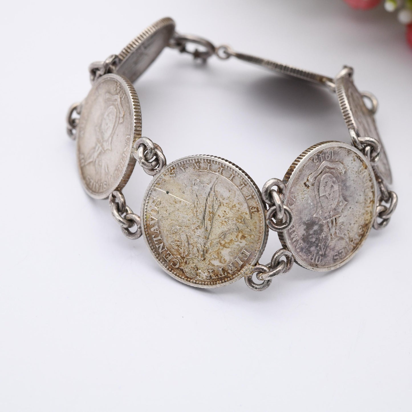 Vintage Silver Philippines 50 Centavos Coin Bracelet 1944 1945 - 750 Silver Coin Jewellery | 9"