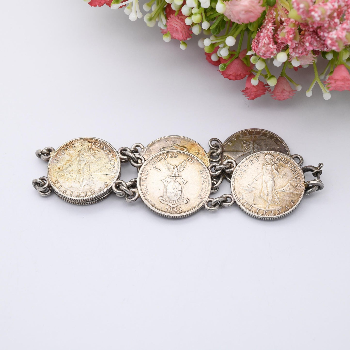Vintage Silver Philippines 50 Centavos Coin Bracelet 1944 1945 - 750 Silver Coin Jewellery | 9"