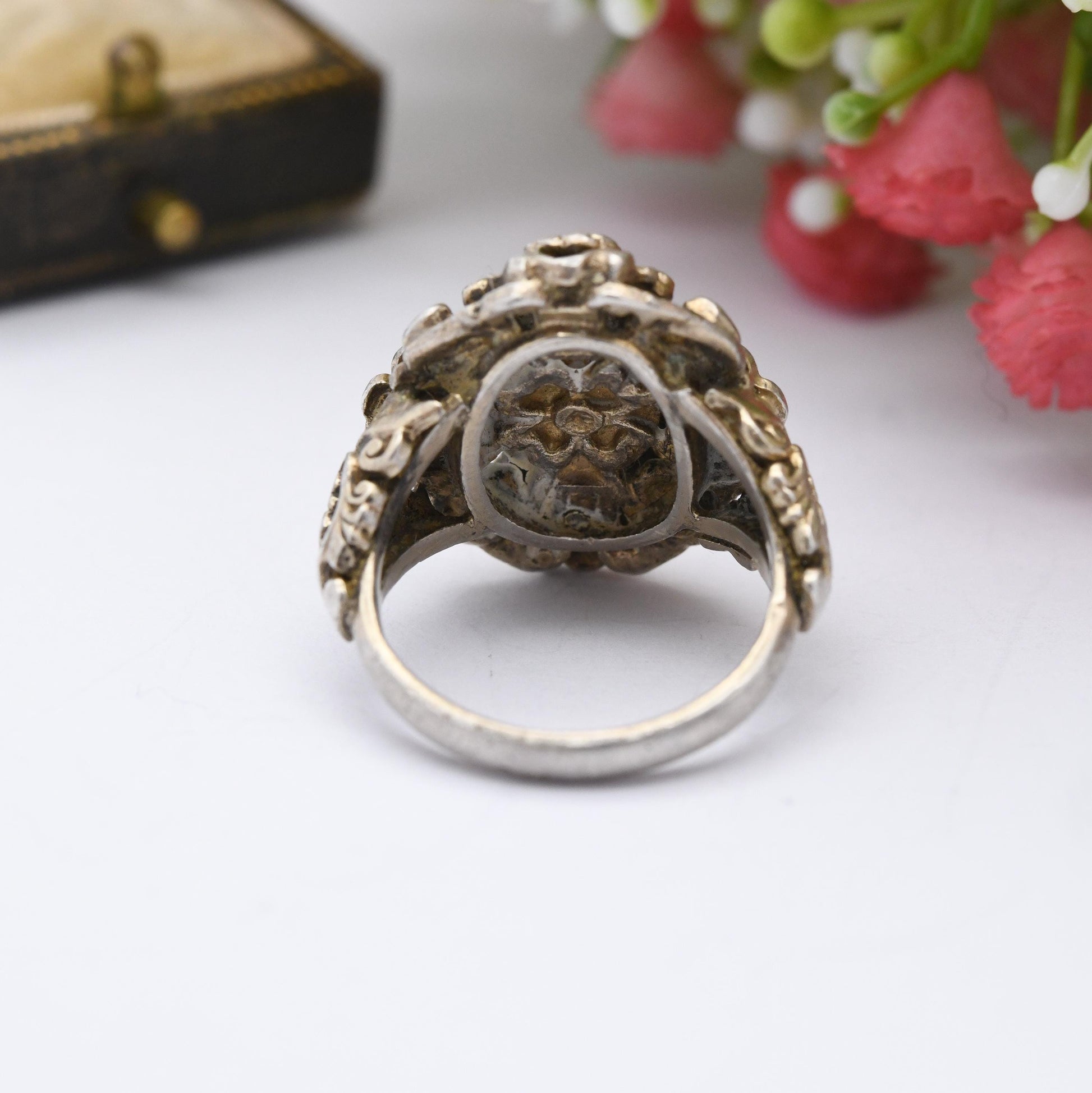 Antique Austro-Hungarian Sterling Silver Turquoise Ring c. 1900 - Ornate Statement Dress Ring | UK Size - O | US Size - 7 1/2