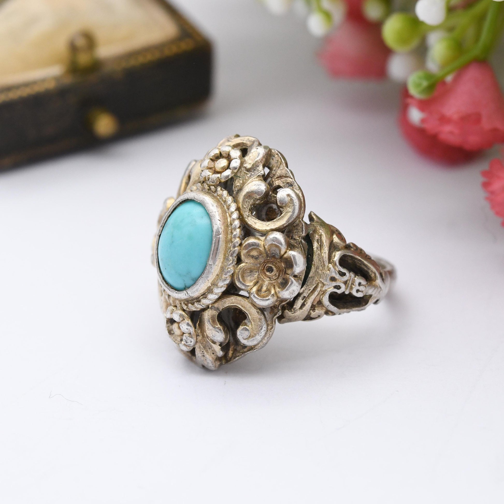 Antique Austro-Hungarian Sterling Silver Turquoise Ring c. 1900 - Ornate Statement Dress Ring | UK Size - O | US Size - 7 1/2