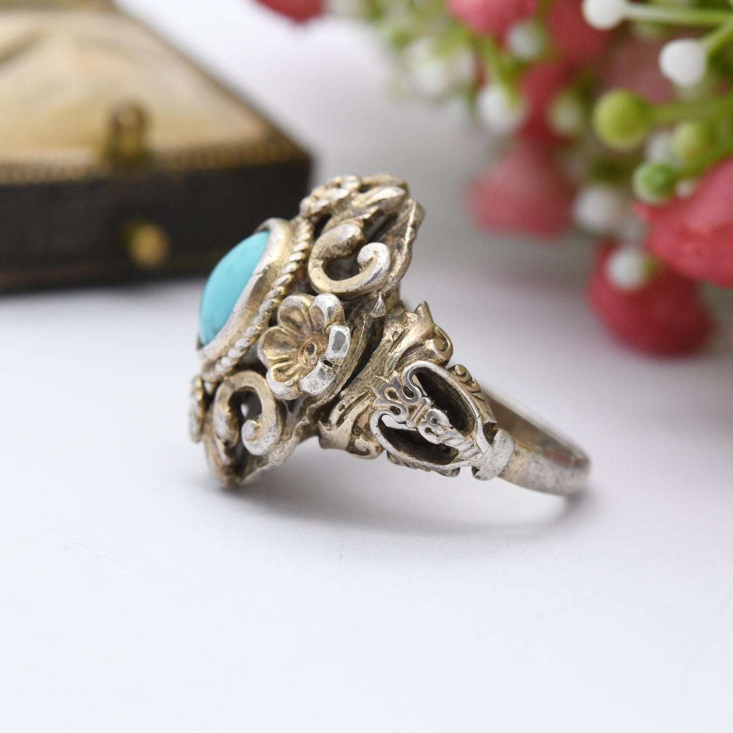 Antique Austro-Hungarian Sterling Silver Turquoise Ring c. 1900 - Ornate Statement Dress Ring | UK Size - O | US Size - 7 1/2