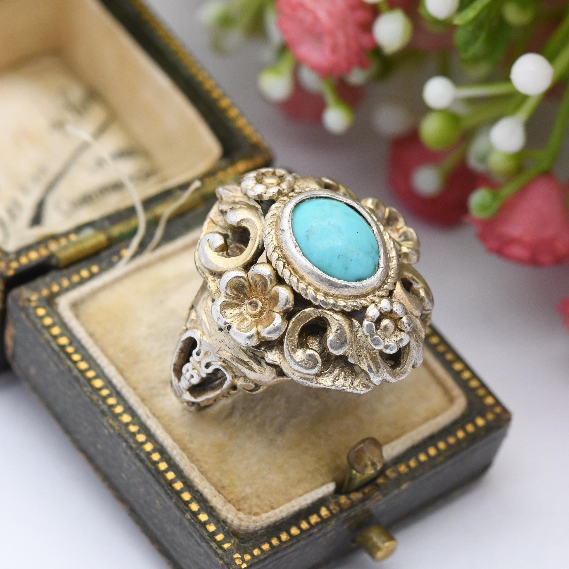 Antique Austro-Hungarian Sterling Silver Turquoise Ring c. 1900 - Ornate Statement Dress Ring | UK Size - O | US Size - 7 1/2