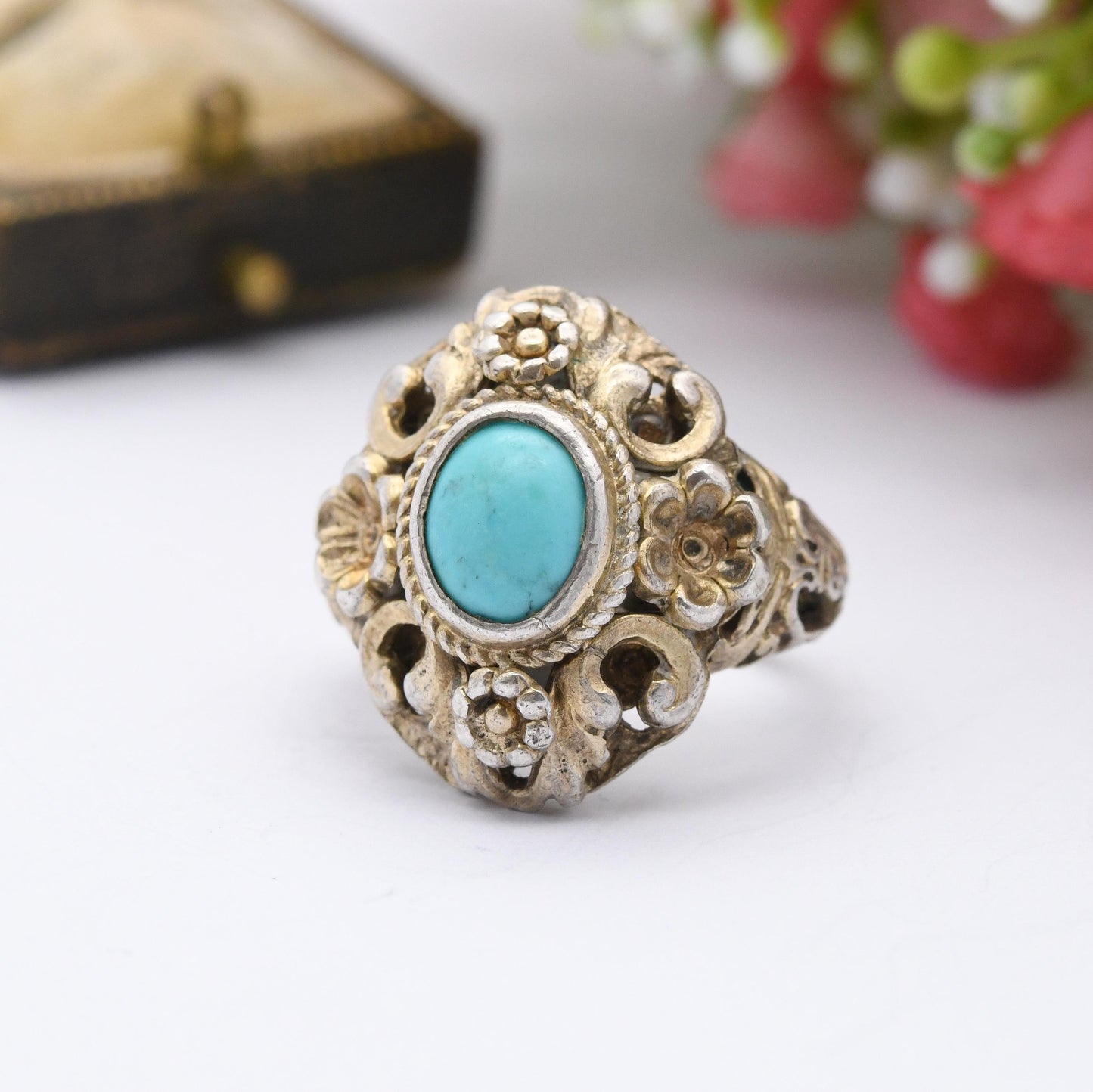 Antique Austro-Hungarian Sterling Silver Turquoise Ring c. 1900 - Ornate Statement Dress Ring | UK Size - O | US Size - 7 1/2