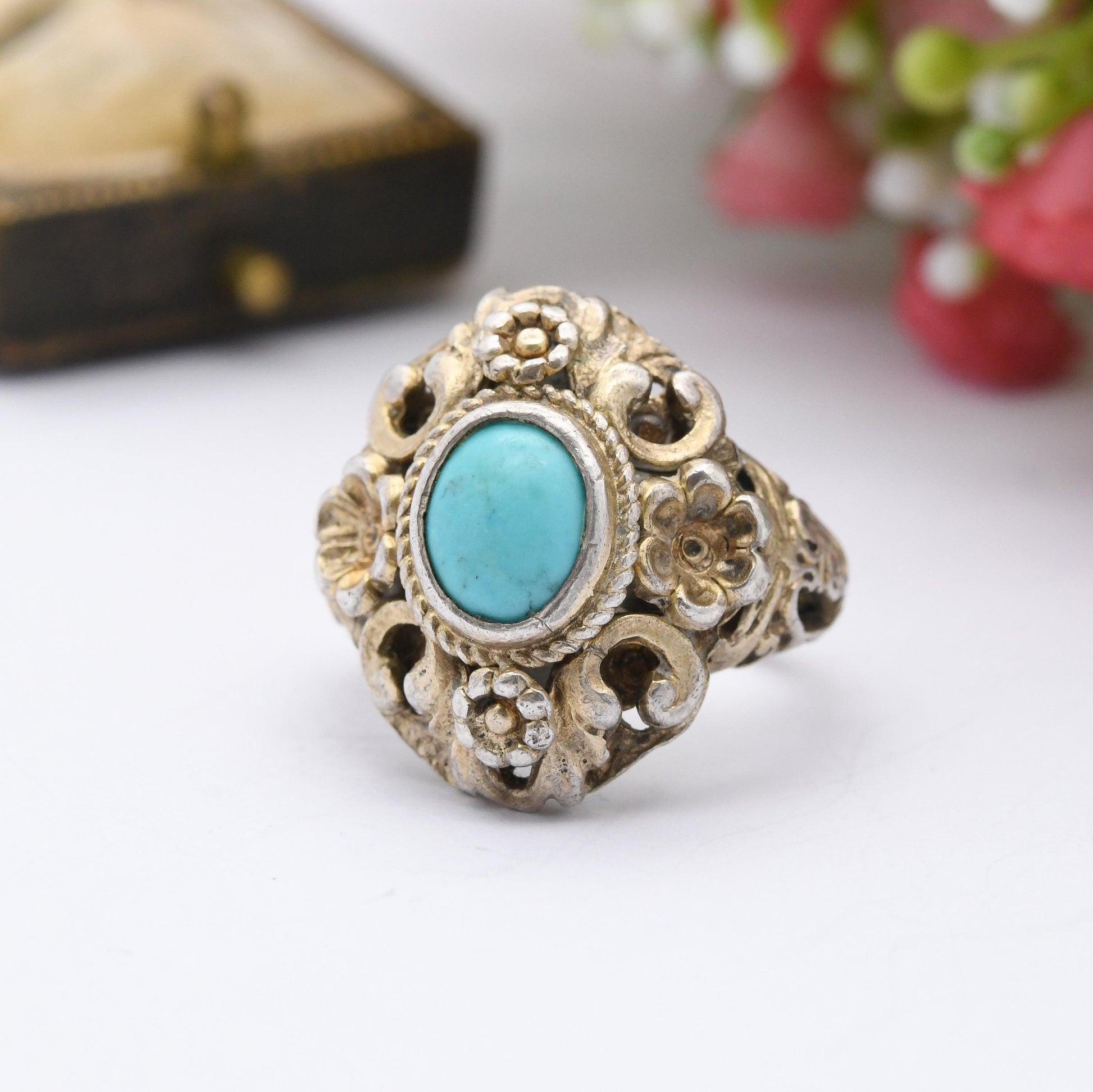 Antique Austro-Hungarian Sterling Silver Turquoise Ring c. 1900 - Ornate Statement Dress Ring | UK Size - O | US Size - 7 1/2