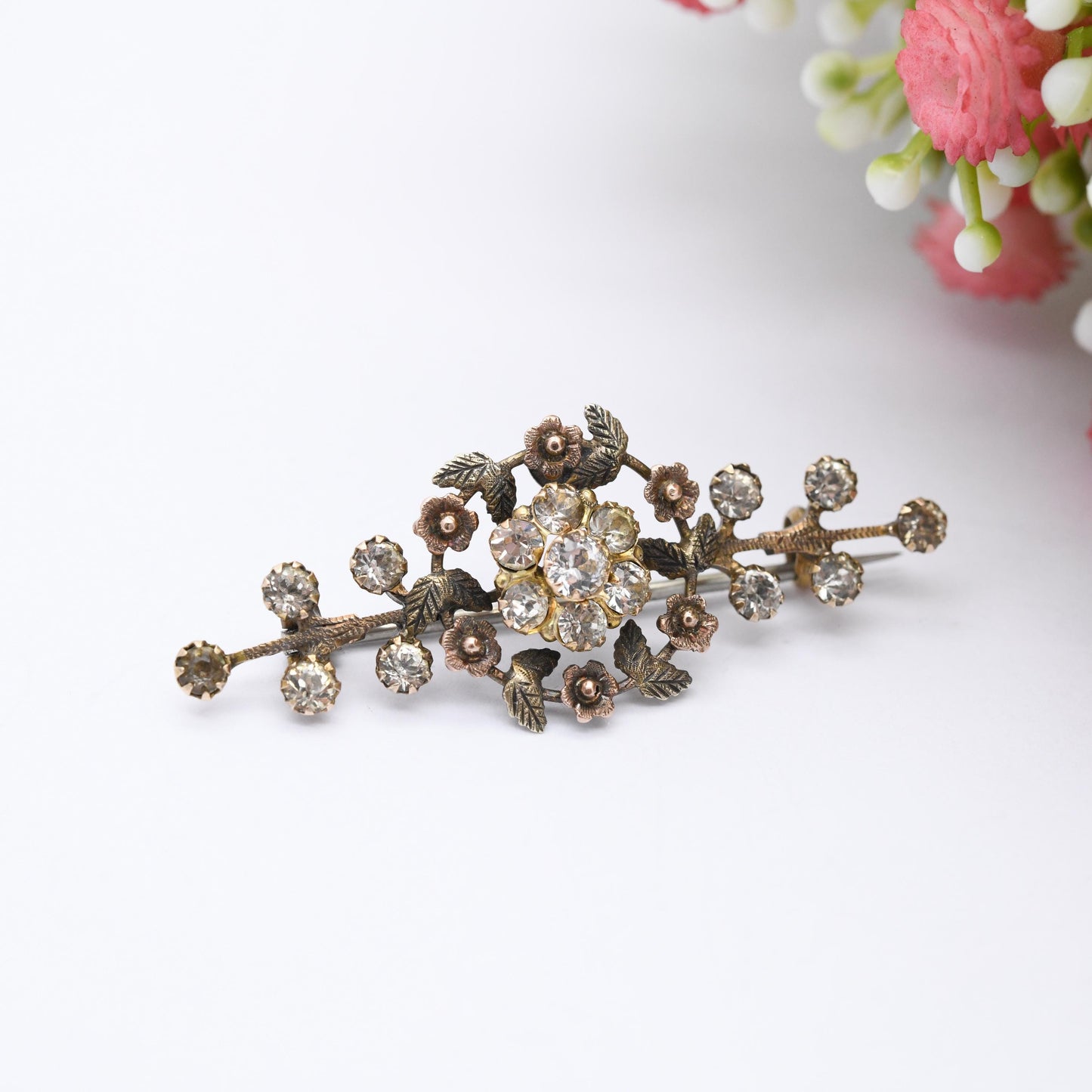 Antique Edwardian 9ct Gold Paste Flower Bar Brooch c. 1910s - Two Tone Yellow and Rose Gold Floral Brooch