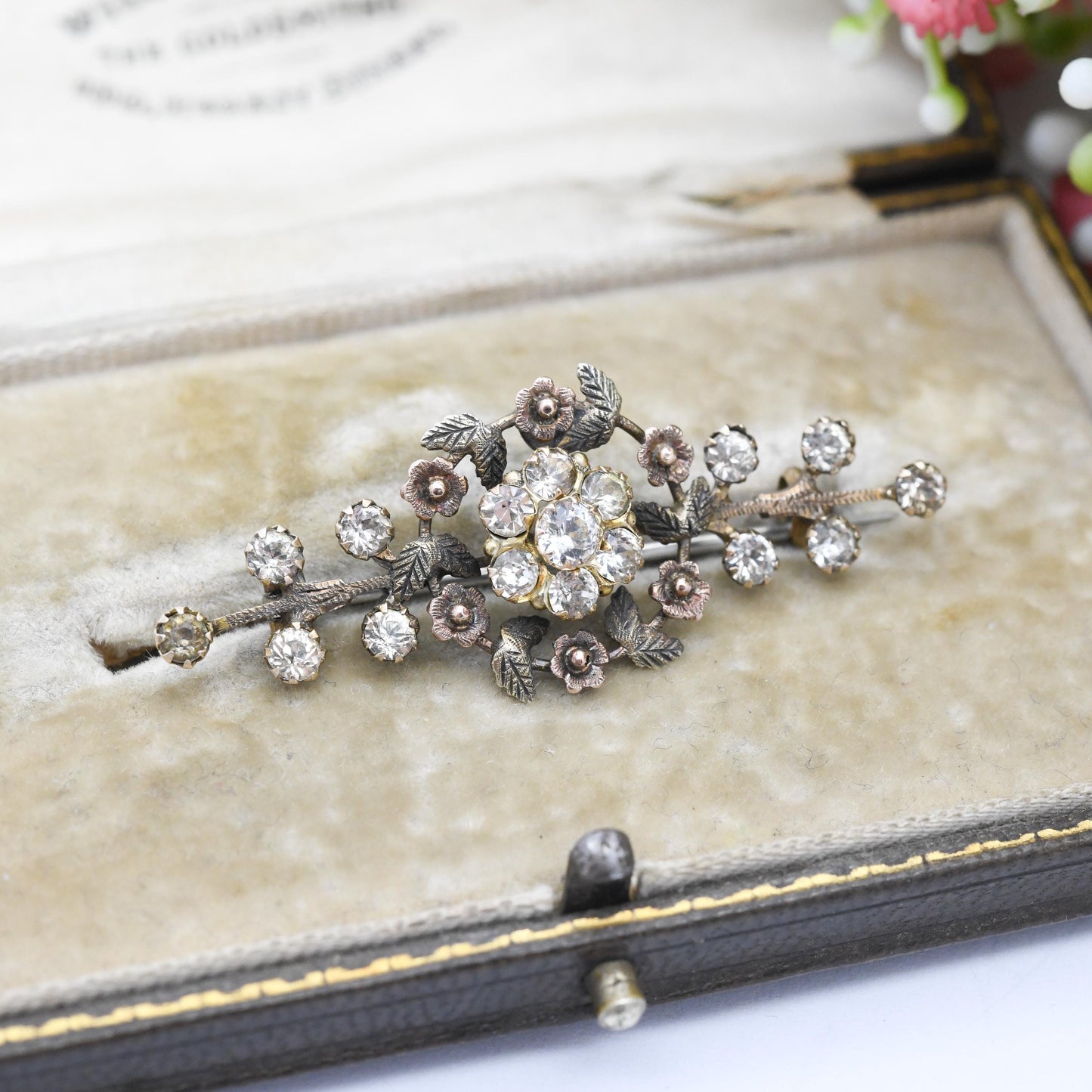Antique Edwardian 9ct Gold Paste Flower Bar Brooch c. 1910s - Two Tone Yellow and Rose Gold Floral Brooch