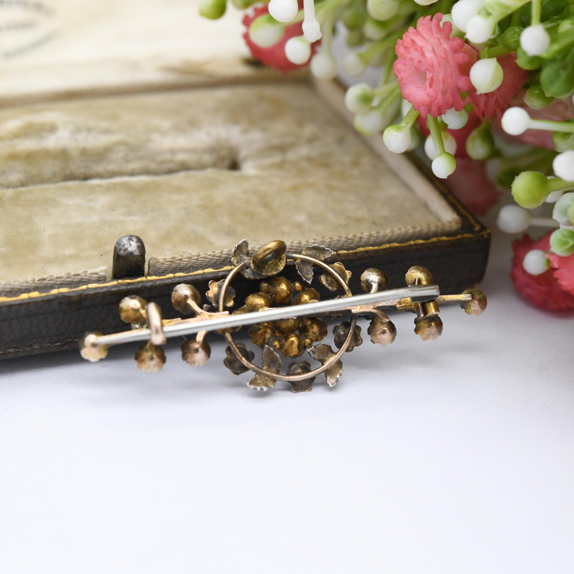 Antique Edwardian 9ct Gold Paste Flower Bar Brooch c. 1910s - Two Tone Yellow and Rose Gold Floral Brooch