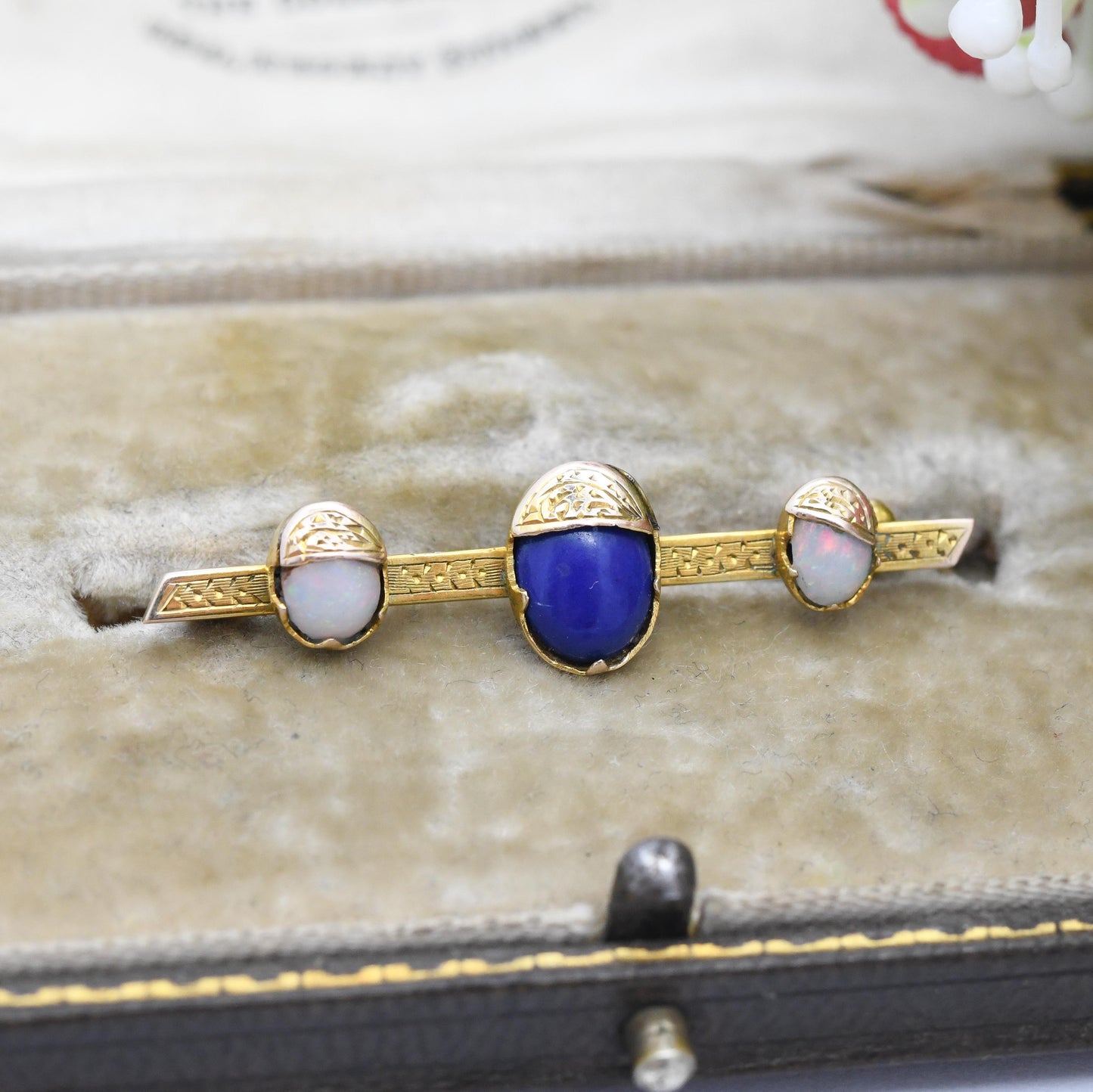 Antique 9ct Gold Lapis Lazuli and Opal Bar Brooch c. 1900 - Hand Carved Victorian Era Gold Jewellery | Blue and White Stones Three Stone