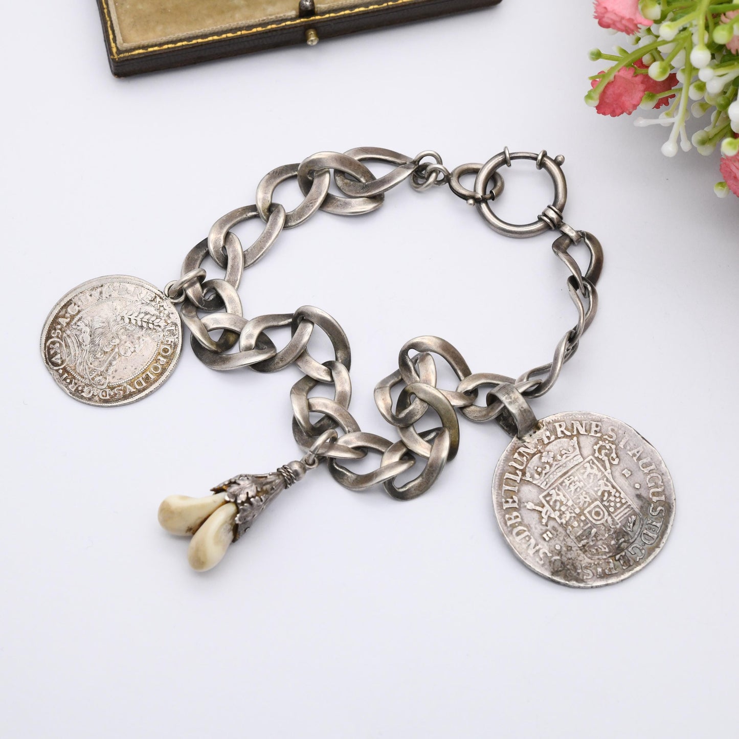 Antique European Silver Chain with Deer Teeth Pendant and Collectable Coins - Hungary 1686 15 Kreuzers and German States 1692 2/3 Thaler