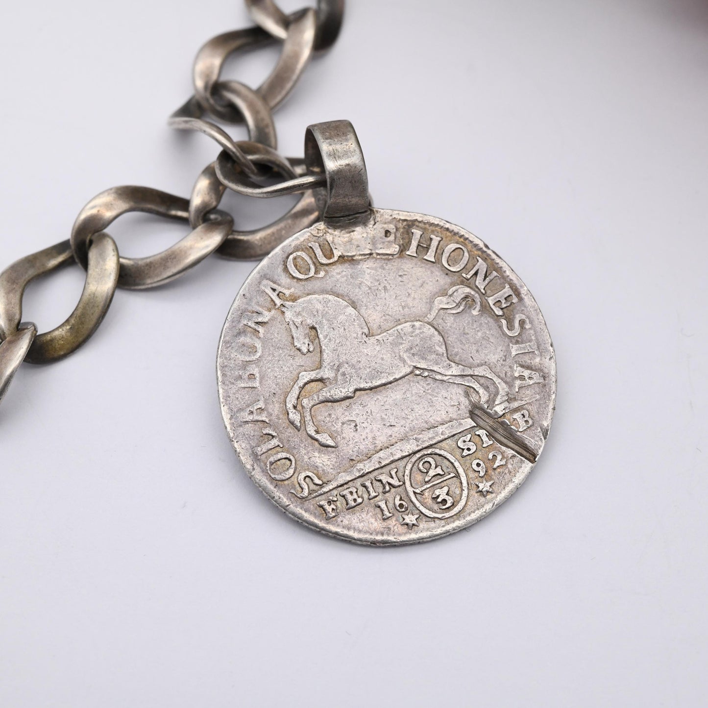 Antique European Silver Chain with Deer Teeth Pendant and Collectable Coins - Hungary 1686 15 Kreuzers and German States 1692 2/3 Thaler