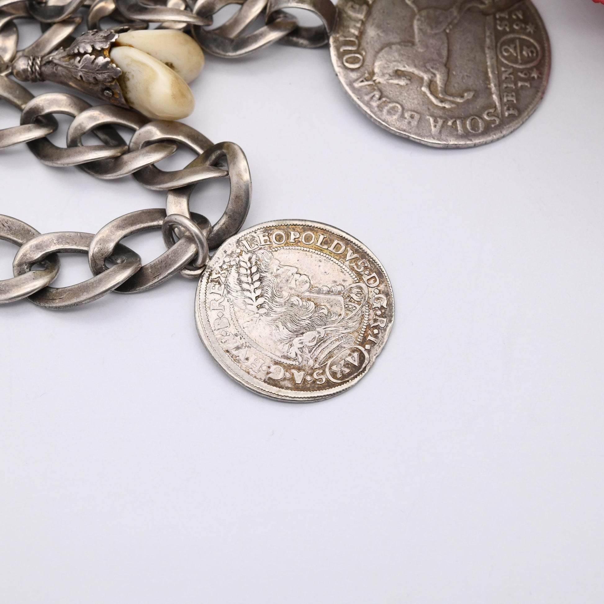 Antique European Silver Chain with Deer Teeth Pendant and Collectable Coins - Hungary 1686 15 Kreuzers and German States 1692 2/3 Thaler