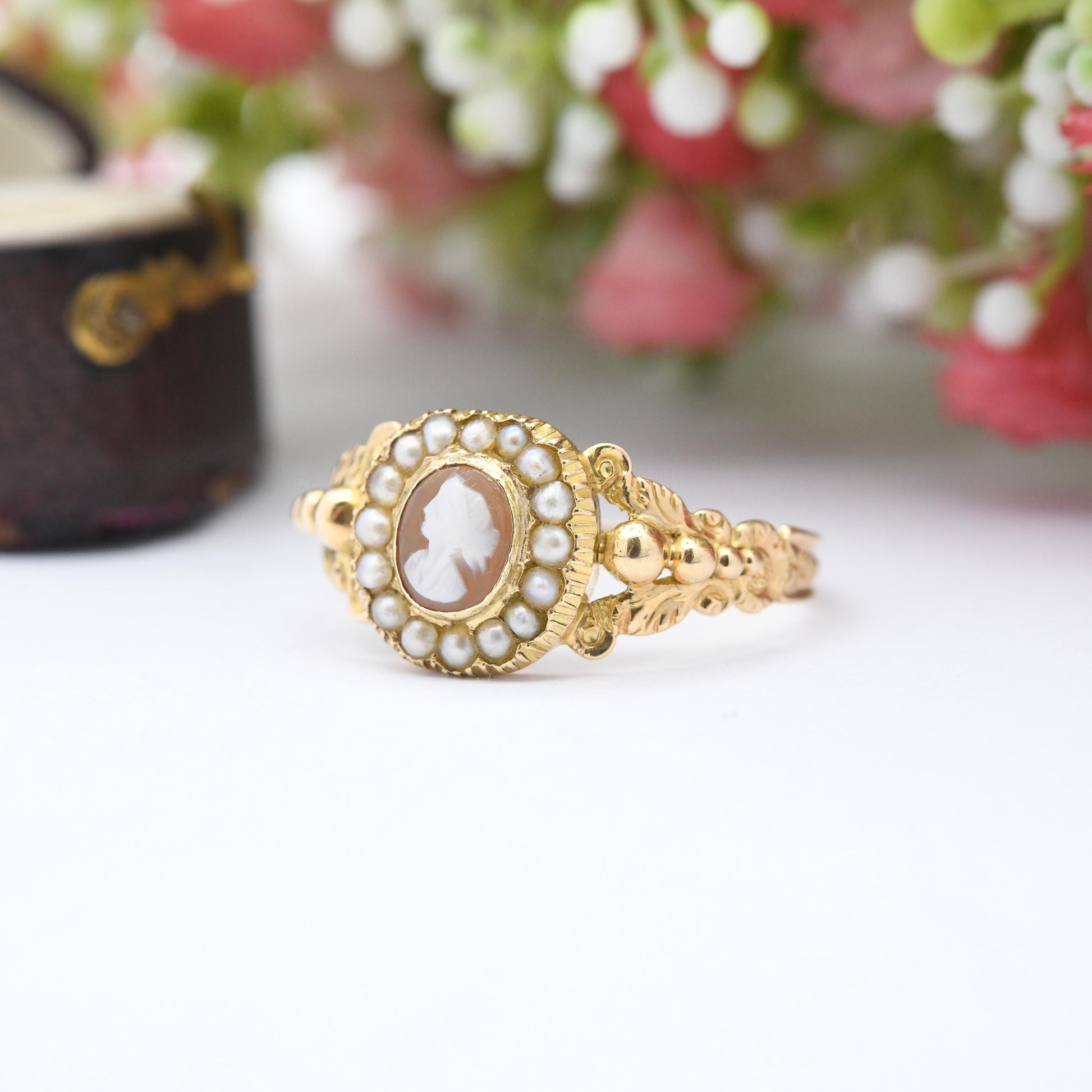 Antique Georgian Gold Cameo Ring with Seed Pearl Halo c. 1830 - Miniature Hand Carved Shell Cameo | UK Size - U 1/2 | US Size - 10 1/2