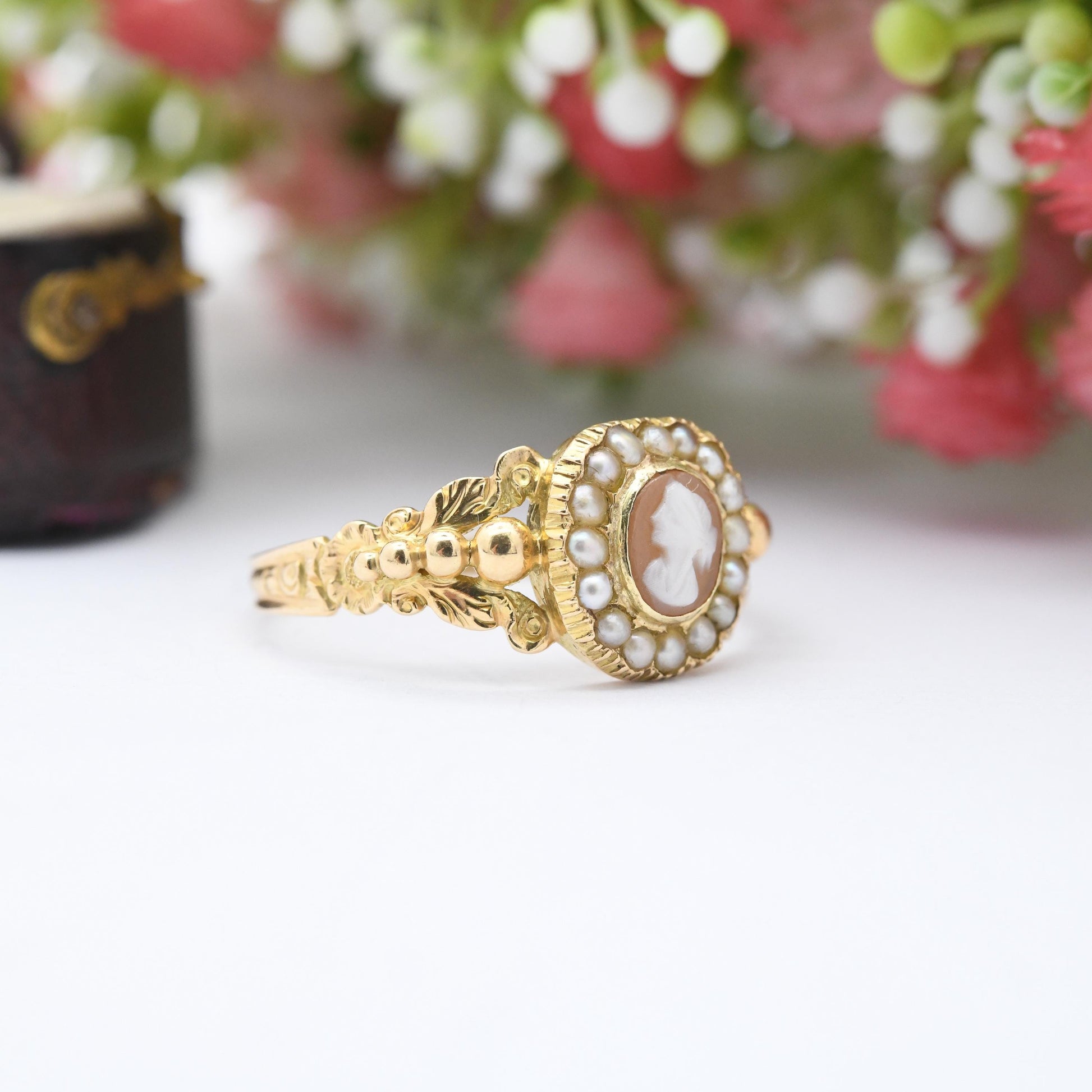 Antique Georgian Gold Cameo Ring with Seed Pearl Halo c. 1830 - Miniature Hand Carved Shell Cameo | UK Size - U 1/2 | US Size - 10 1/2