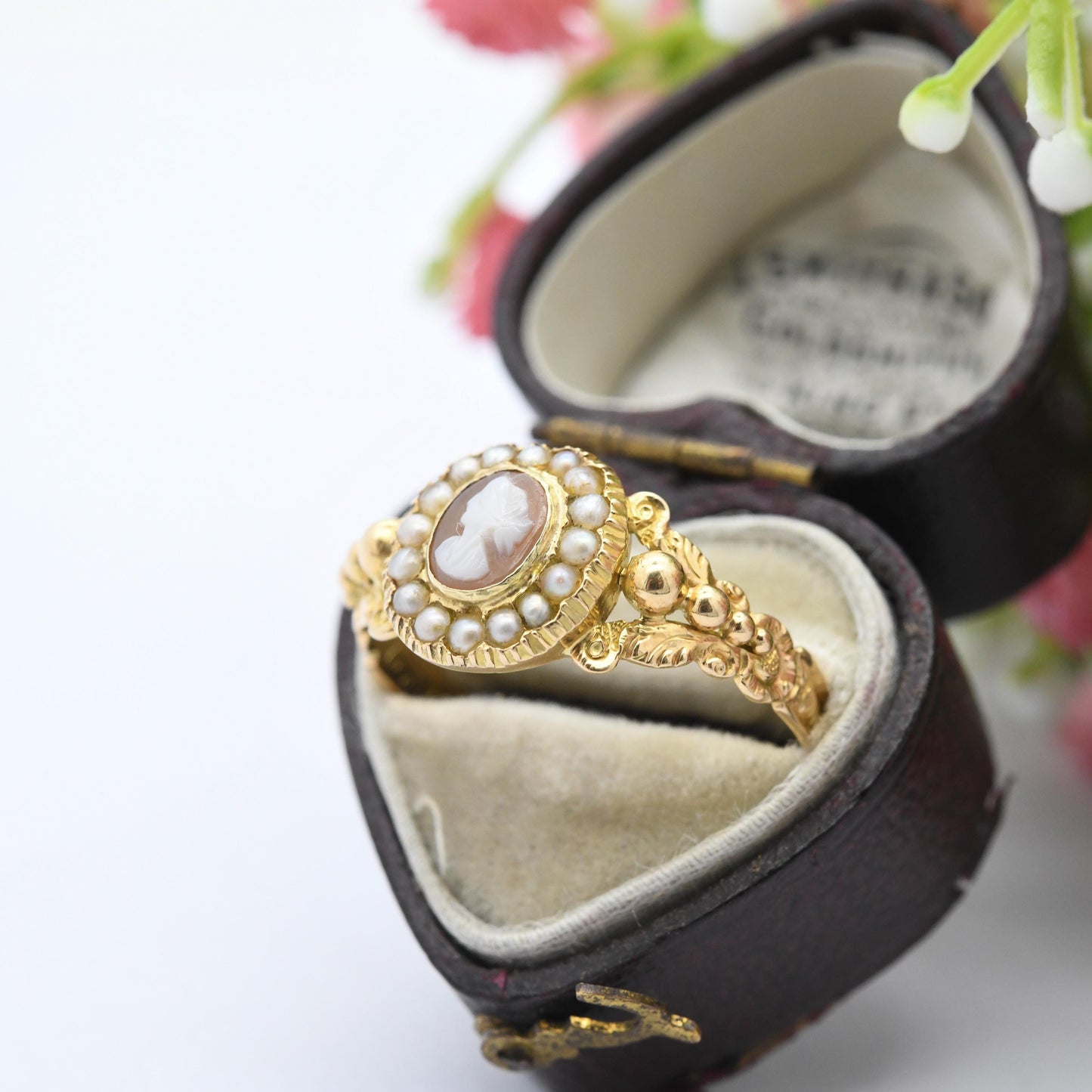 Antique Georgian Gold Cameo Ring with Seed Pearl Halo c. 1830 - Miniature Hand Carved Shell Cameo | UK Size - U 1/2 | US Size - 10 1/2