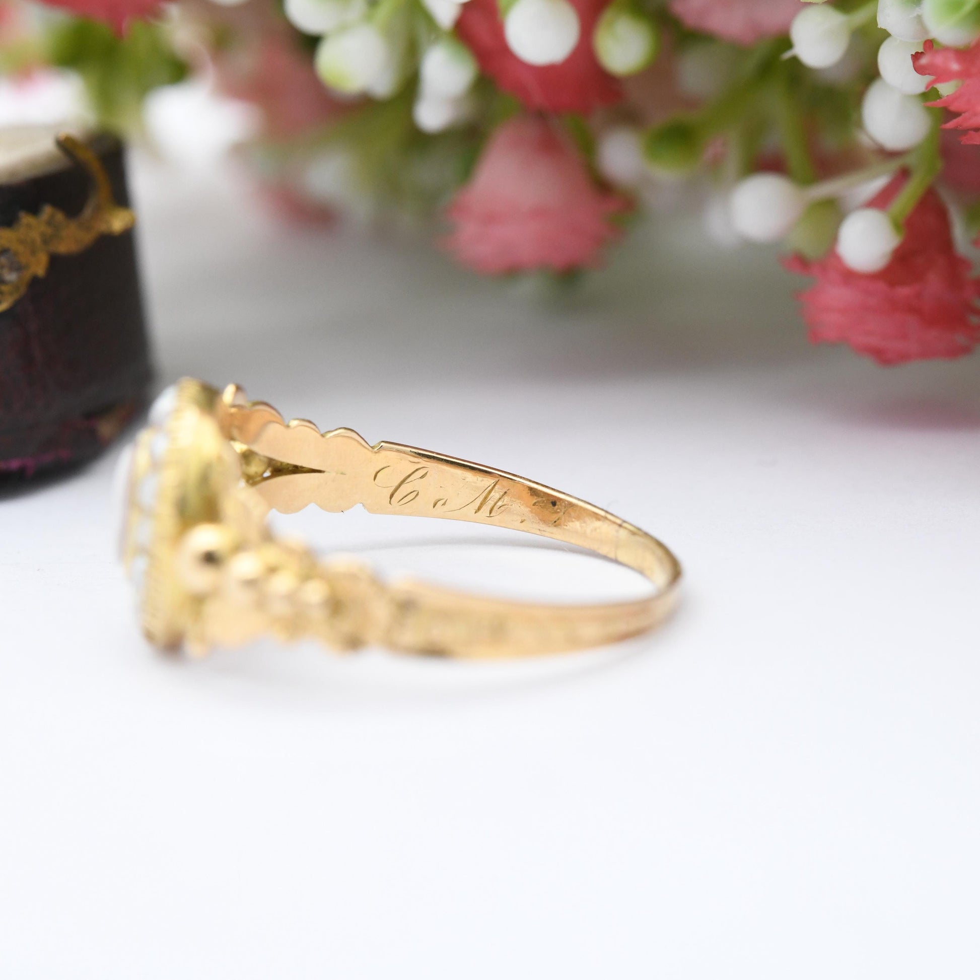 Antique Georgian Gold Cameo Ring with Seed Pearl Halo c. 1830 - Miniature Hand Carved Shell Cameo | UK Size - U 1/2 | US Size - 10 1/2