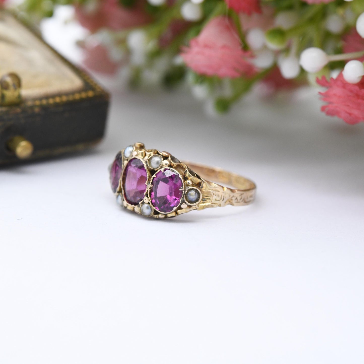 Antique Victorian 15ct Gold Rhodolite Garnet Three Stone Ring with Seed Pearls 1871 - Purple Stone Trilogy Ring | UK Size - N | US Size - 7