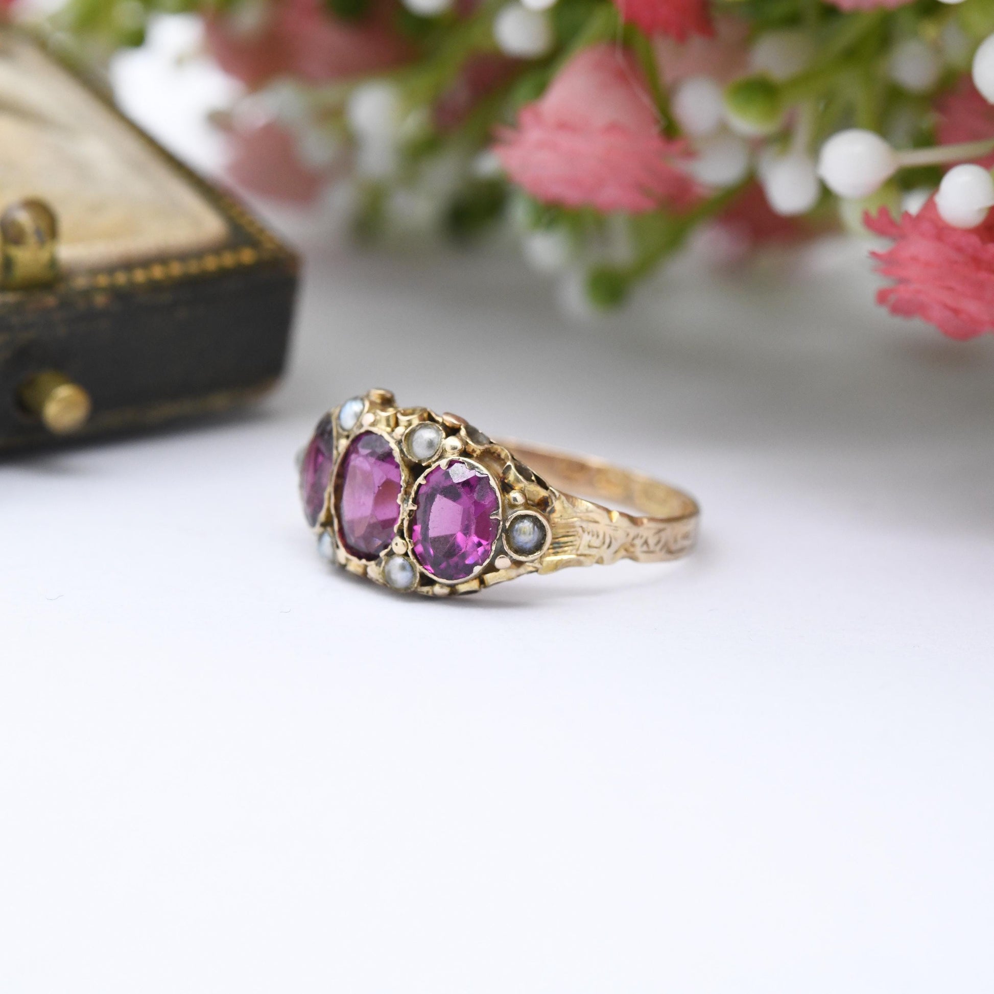 Antique Victorian 15ct Gold Rhodolite Garnet Three Stone Ring with Seed Pearls 1871 - Purple Stone Trilogy Ring | UK Size - N | US Size - 7
