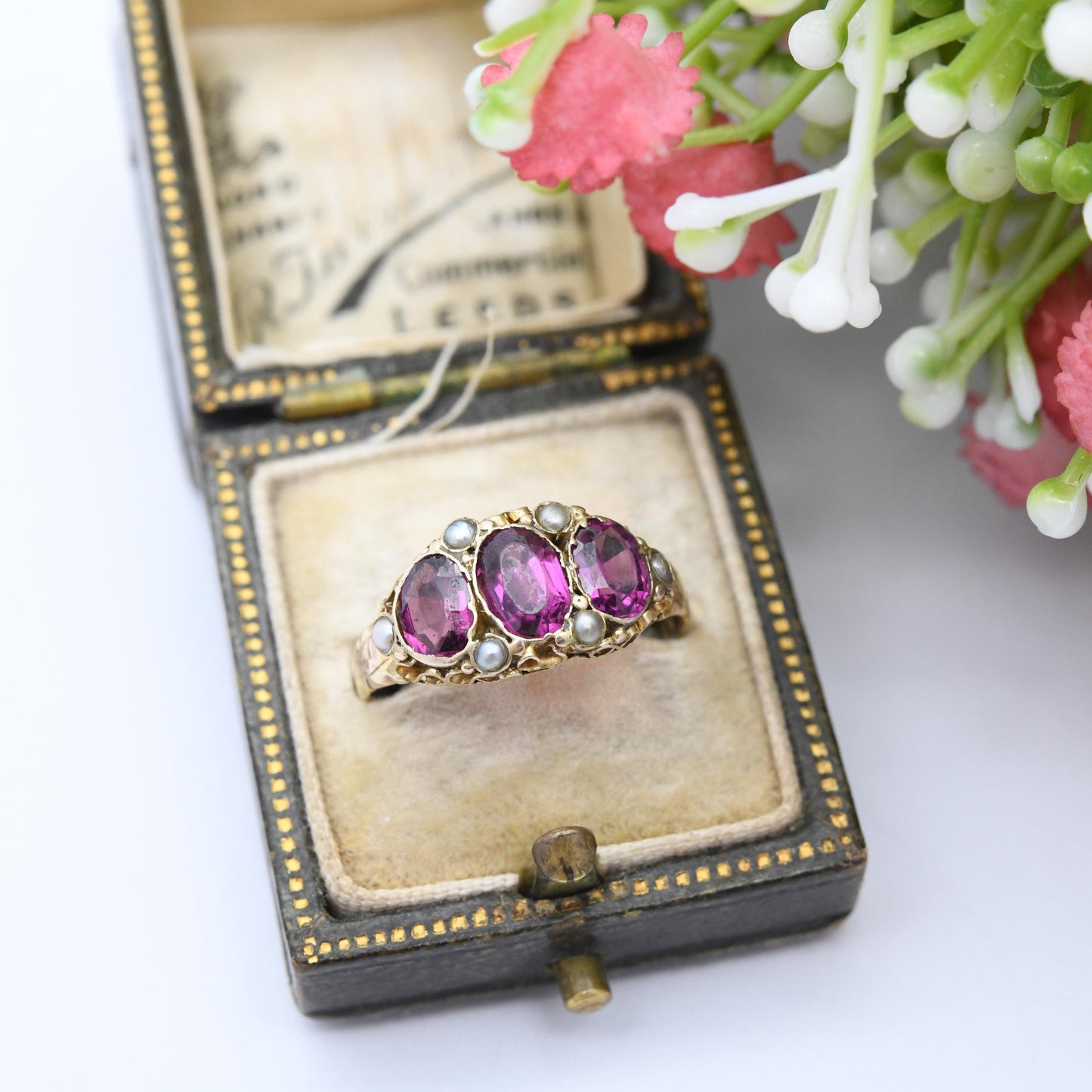 Antique Victorian 15ct Gold Rhodolite Garnet Three Stone Ring with Seed Pearls 1871 - Purple Stone Trilogy Ring | UK Size - N | US Size - 7