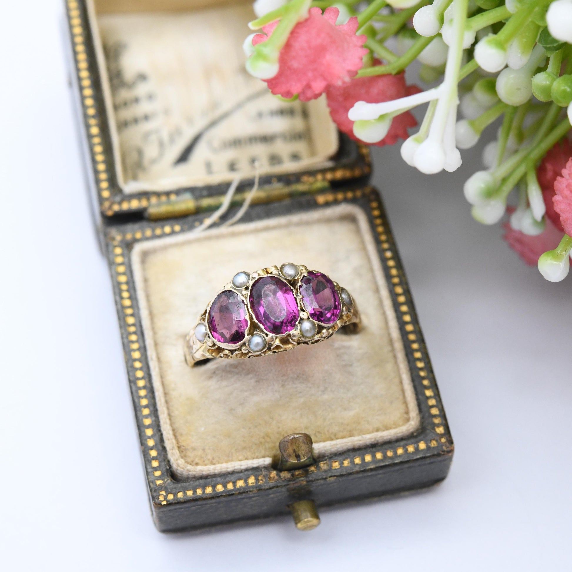 Antique Victorian 15ct Gold Rhodolite Garnet Three Stone Ring with Seed Pearls 1871 - Purple Stone Trilogy Ring | UK Size - N | US Size - 7