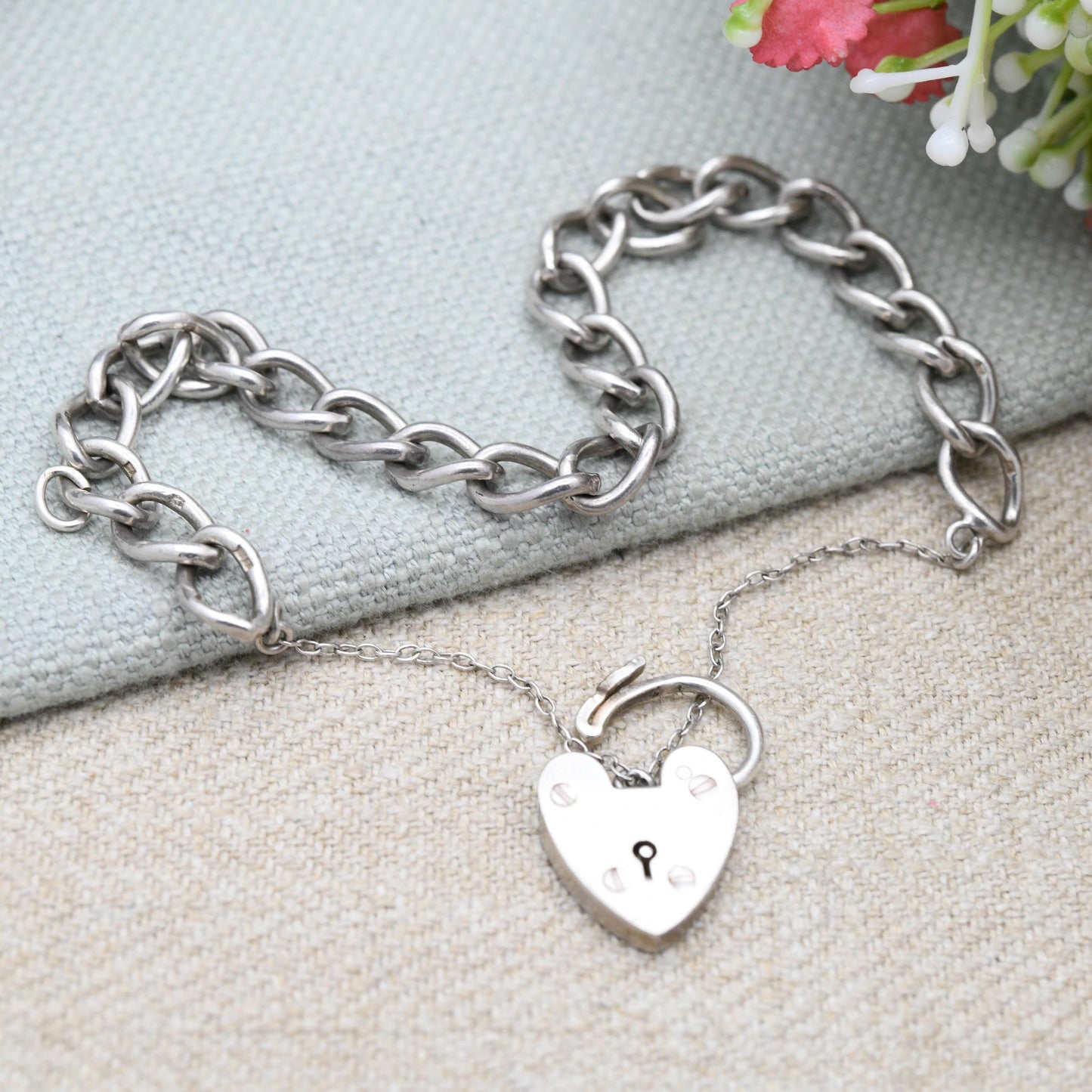 Vintage Sterling Silver Heart Padlock Clasp Chain Bracelet by Ward Brothers WBS - Chunky Curb Links with Safety Chain | UK Hallmarks