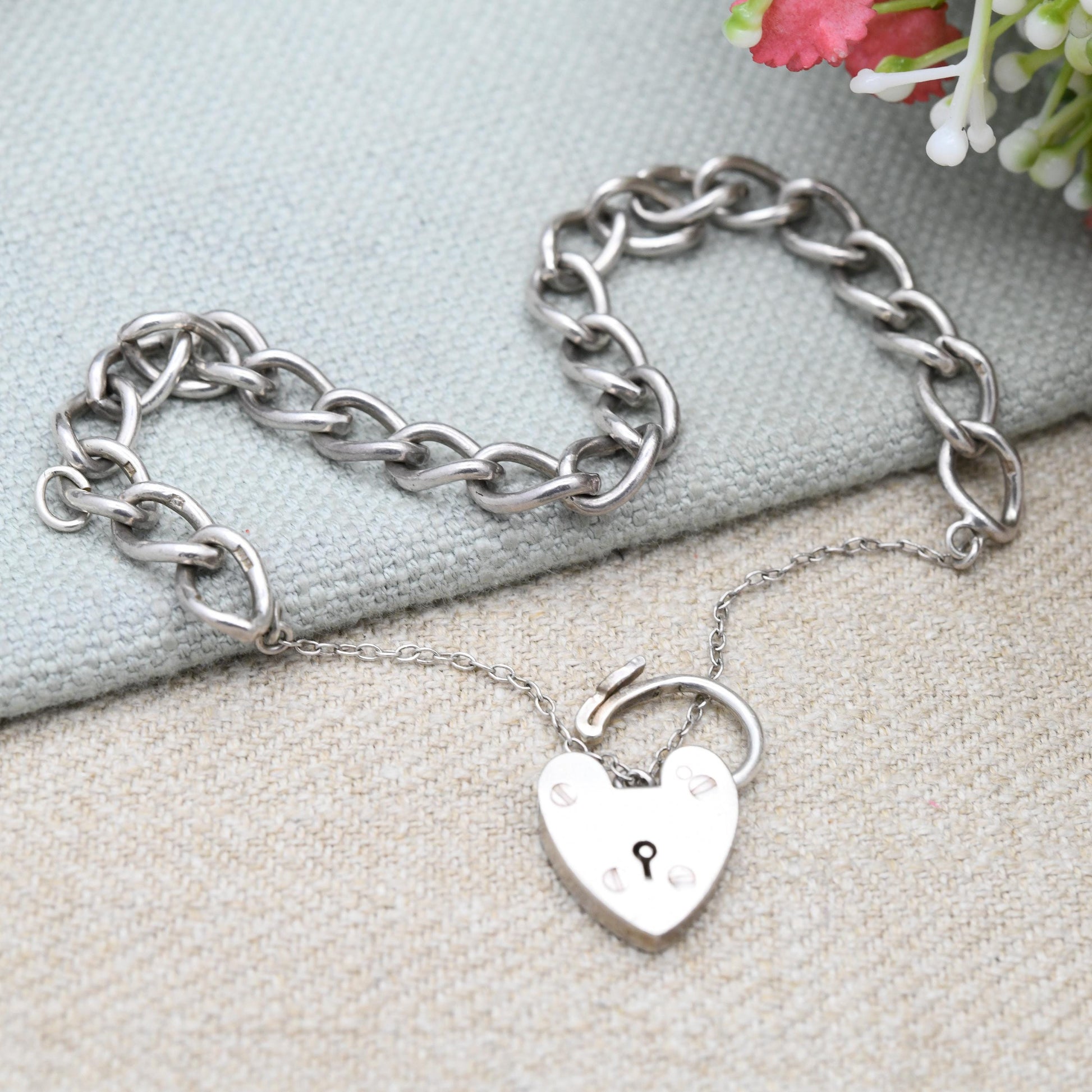 Vintage Sterling Silver Heart Padlock Clasp Chain Bracelet by Ward Brothers WBS - Chunky Curb Links with Safety Chain | UK Hallmarks