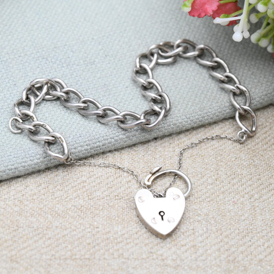 Vintage Sterling Silver Heart Padlock Clasp Chain Bracelet by Ward Brothers WBS - Chunky Curb Links with Safety Chain | UK Hallmarks