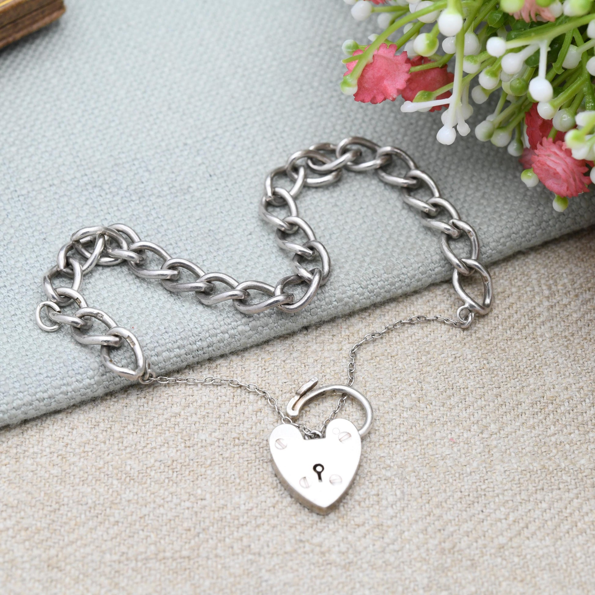 Vintage Sterling Silver Heart Padlock Clasp Chain Bracelet by Ward Brothers WBS - Chunky Curb Links with Safety Chain | UK Hallmarks