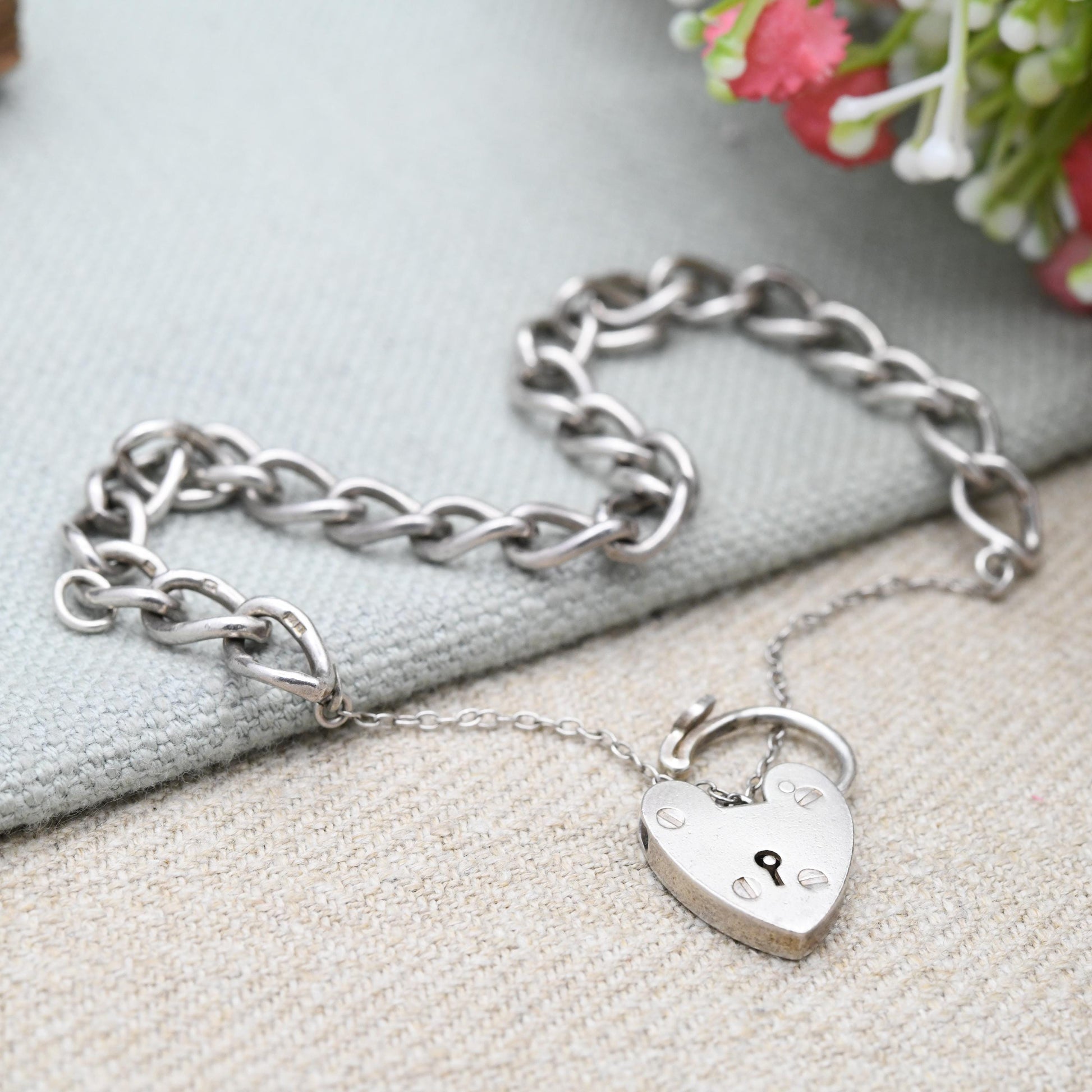 Vintage Sterling Silver Heart Padlock Clasp Chain Bracelet by Ward Brothers WBS - Chunky Curb Links with Safety Chain | UK Hallmarks