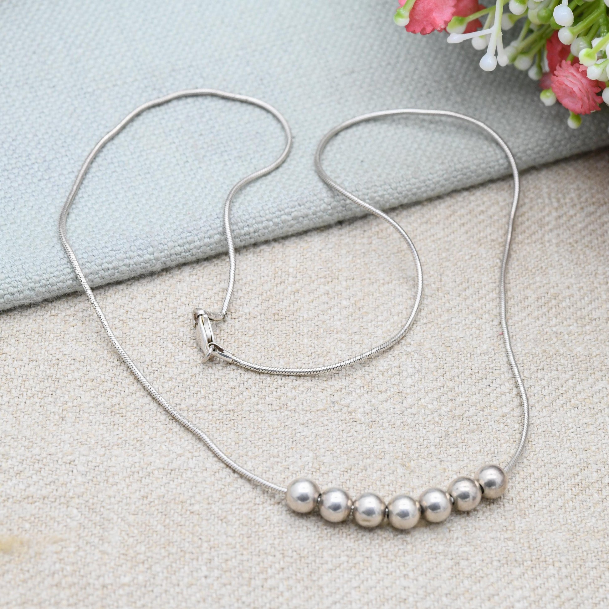 Vintage Sterling Silver Snake Chain Necklace with Cute Silver Beads - Y2K Thin Chain | Quality Silver Necklace | Gift for Her