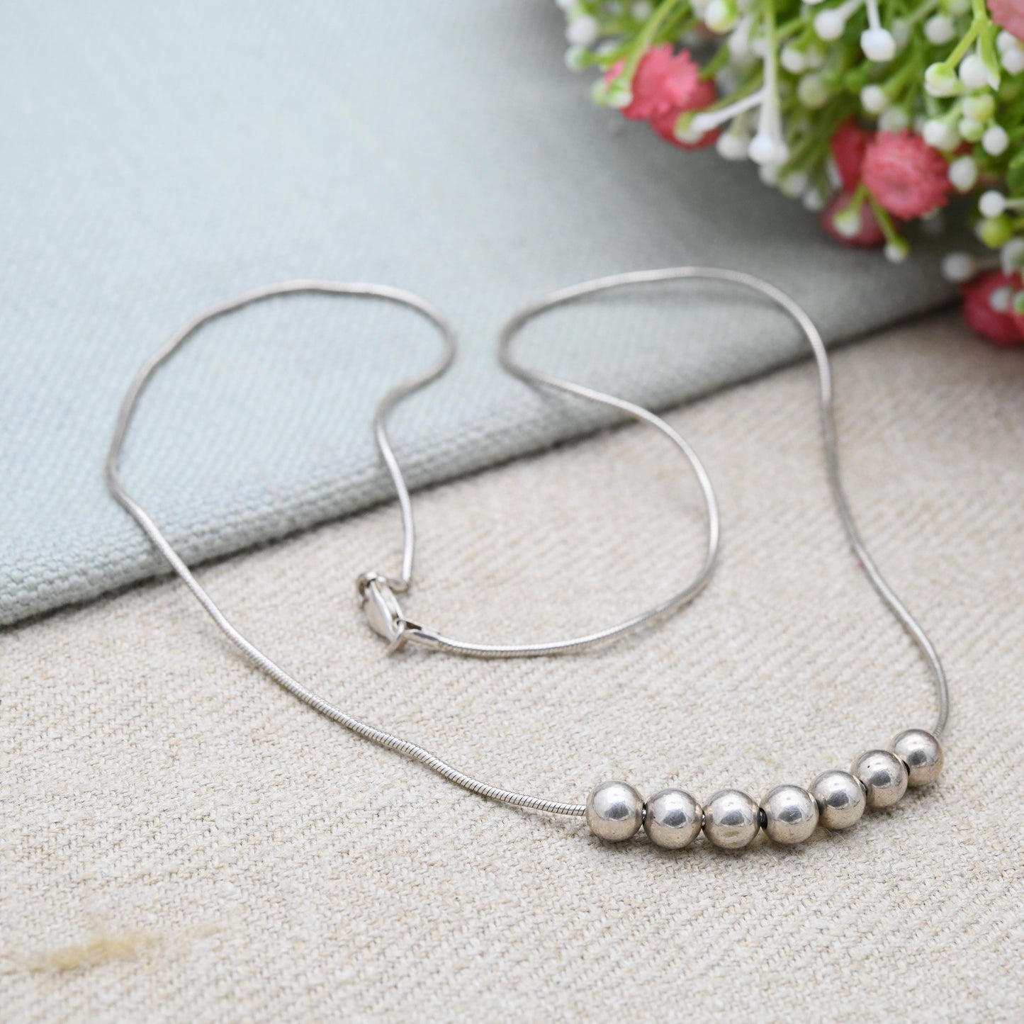 Vintage Sterling Silver Snake Chain Necklace with Cute Silver Beads - Y2K Thin Chain | Quality Silver Necklace | Gift for Her