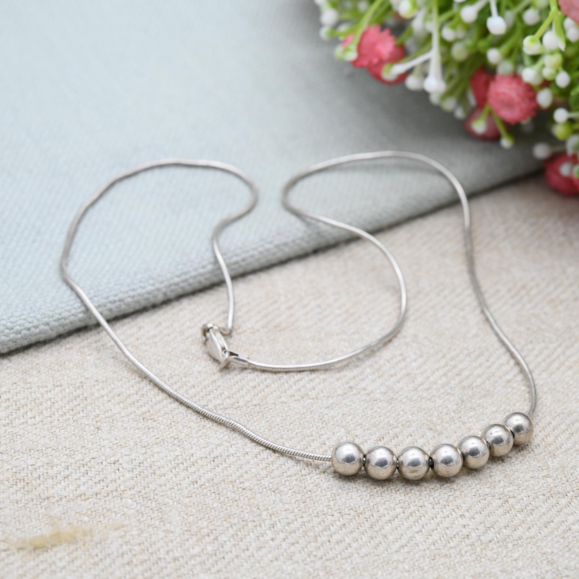 Vintage Sterling Silver Snake Chain Necklace with Cute Silver Beads - Y2K Thin Chain | Quality Silver Necklace | Gift for Her