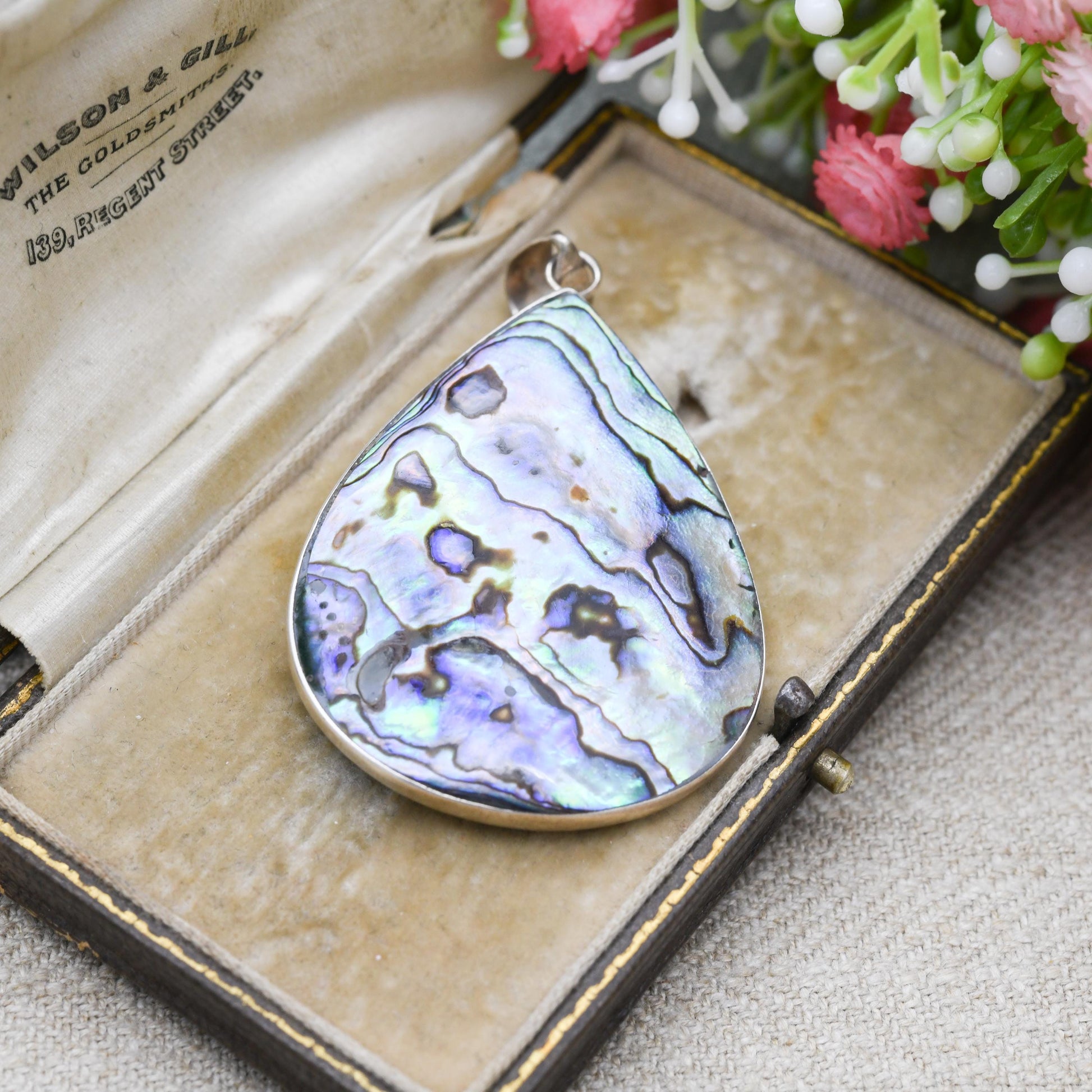 Vintage Sterling Silver Abalone Shell Pendant - Large Pretty Teardrop Shaped Jewellery | Gift for Pendant Necklace