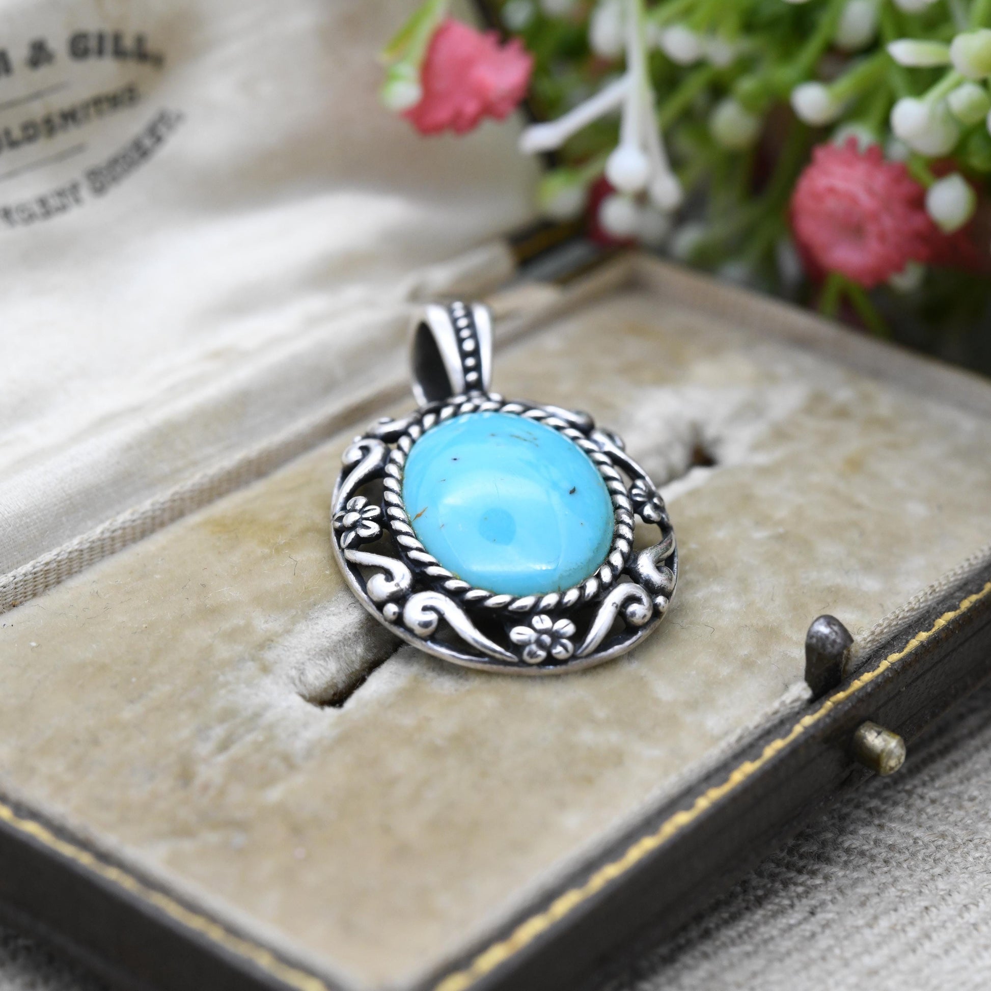 Carolyn Pollack Sterling Silver Turquoise Pendant Relios - Cabochon Large Blue Stone with Flower Border